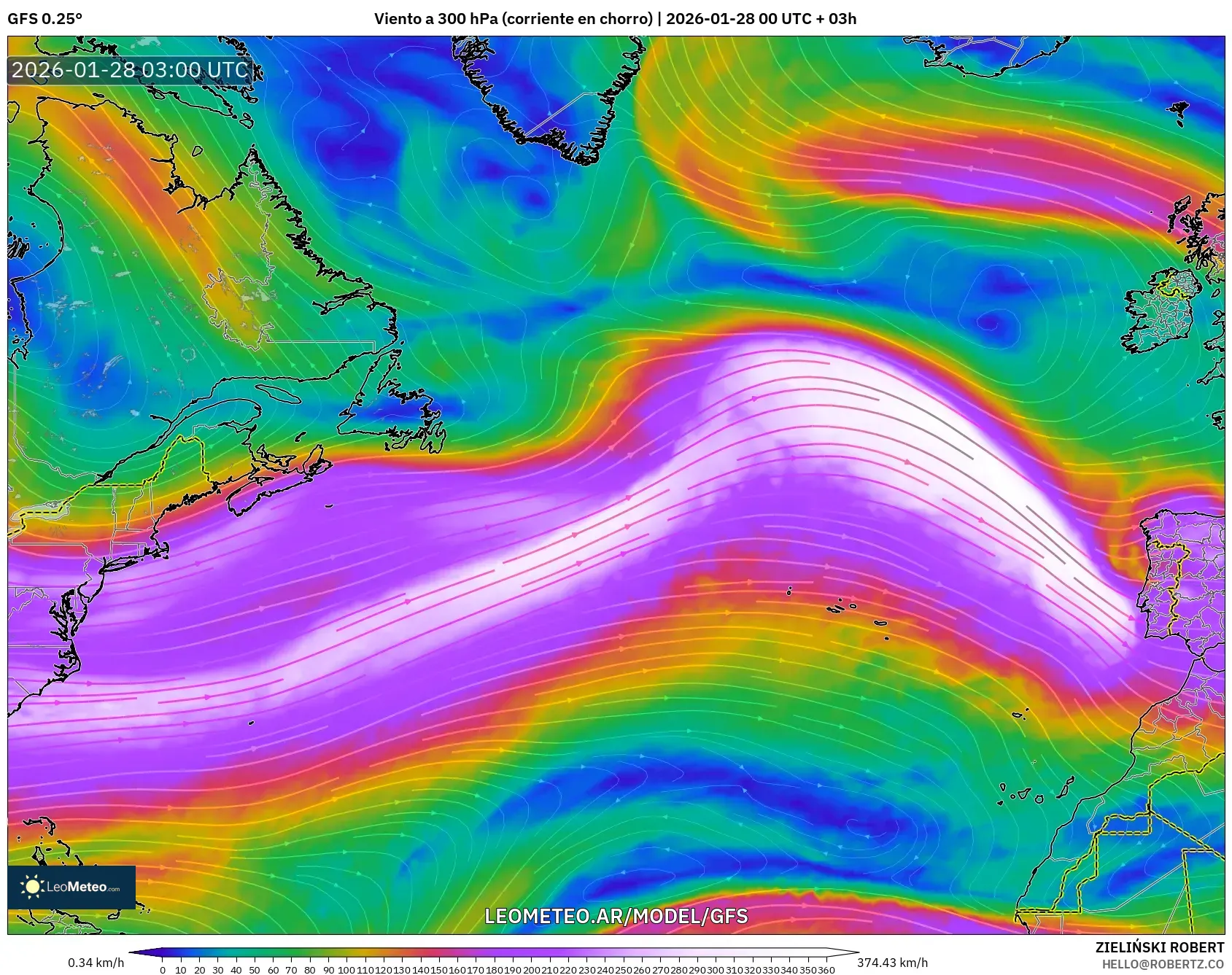 GFS model - Norte Atlántico, Viento a 300 hPa (corriente en chorro)
