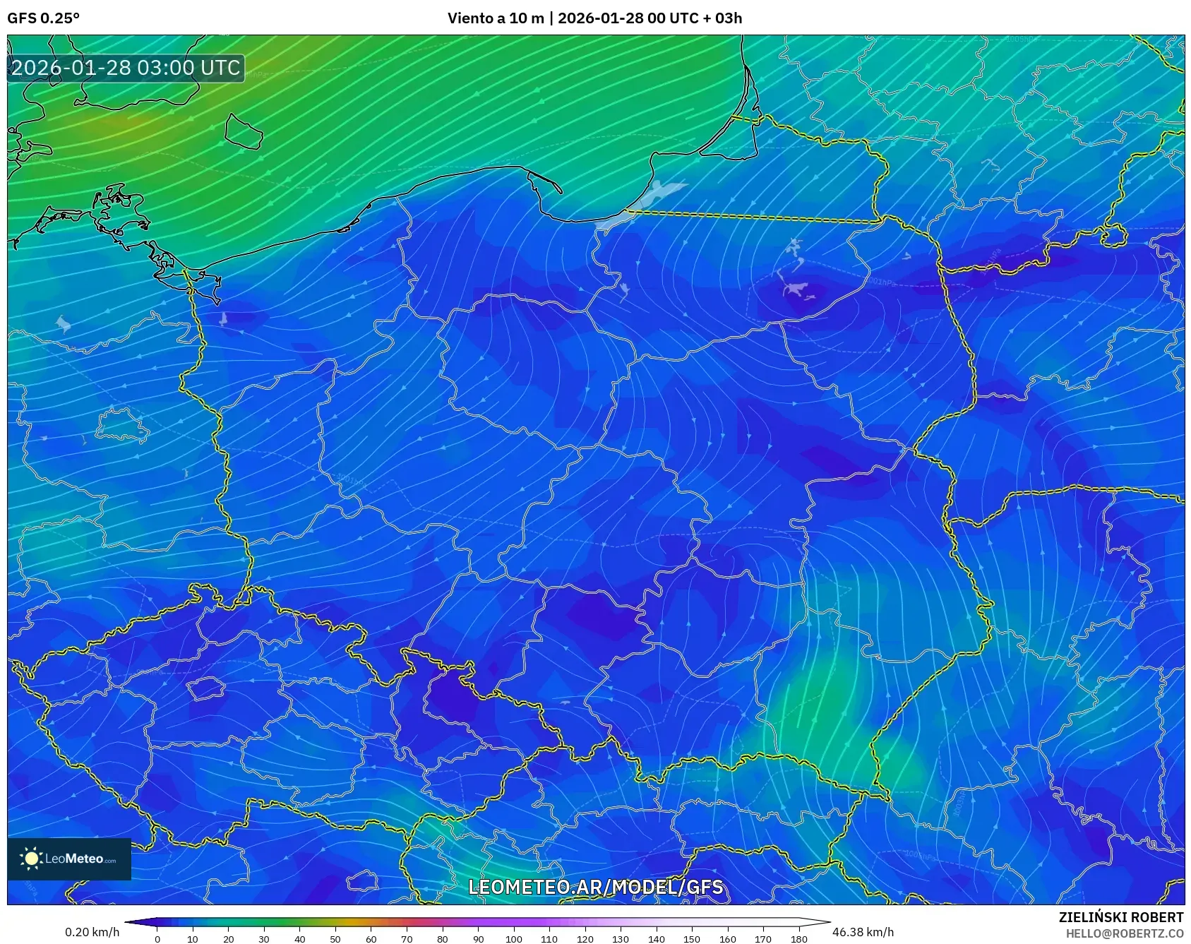 GFS model - Polonia, Viento a 10 m