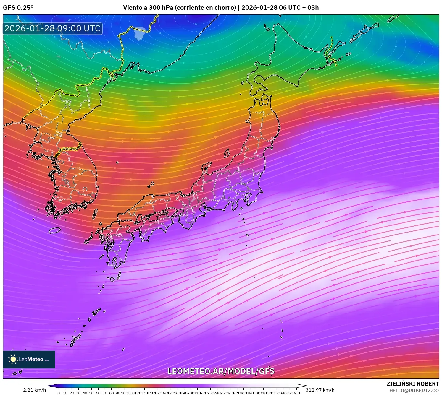 GFS model - Japón, Viento a 300 hPa (corriente en chorro)