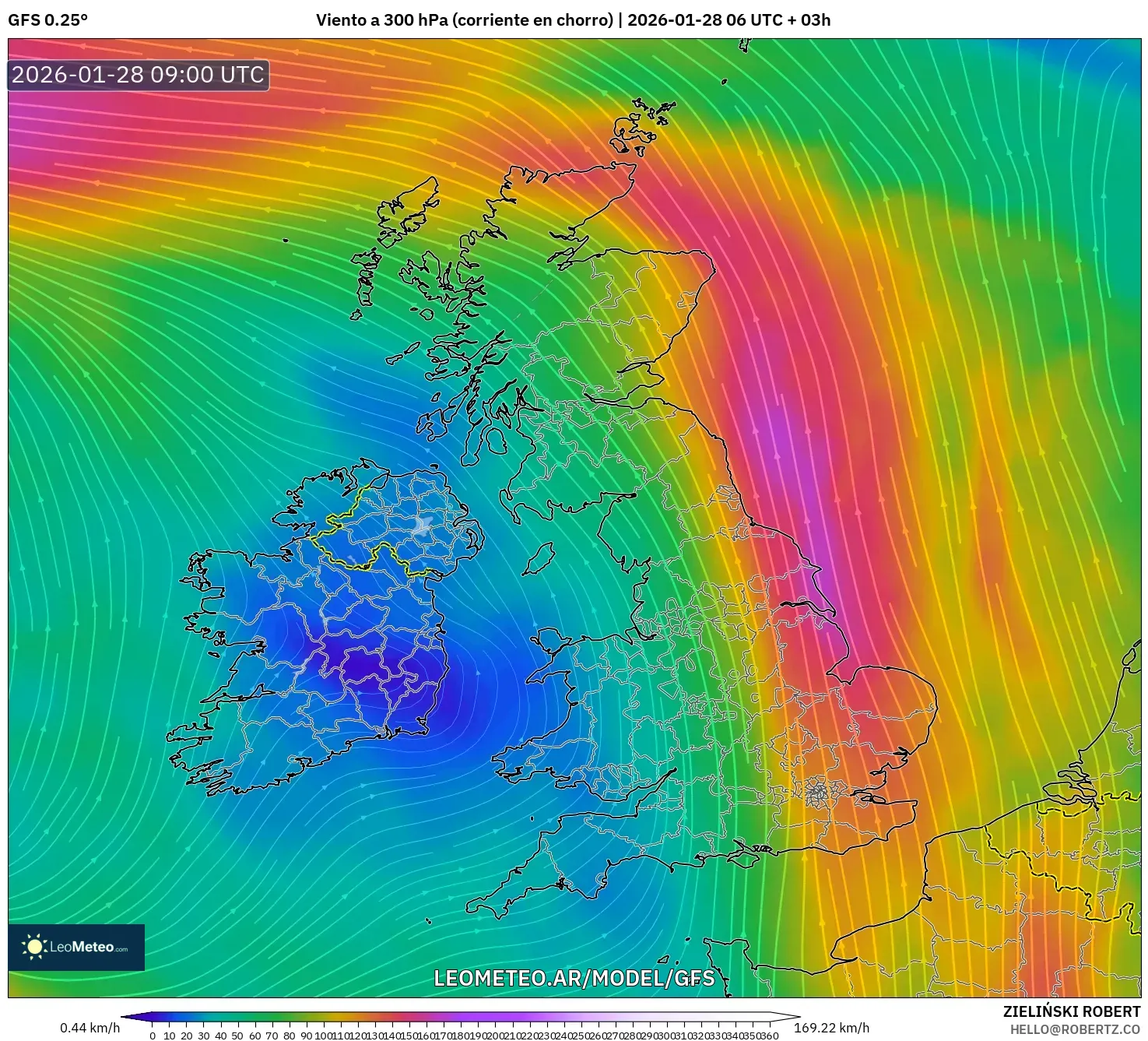 GFS model - Reino Unido, Viento a 300 hPa (corriente en chorro)