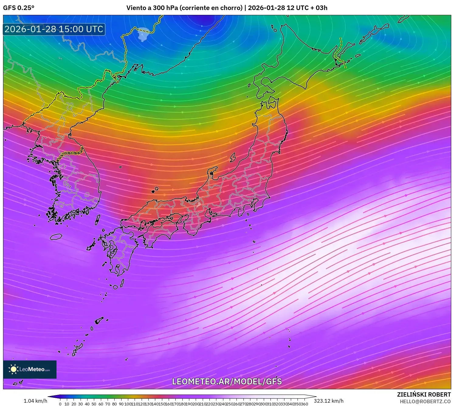 GFS model - Japón, Viento a 300 hPa (corriente en chorro)