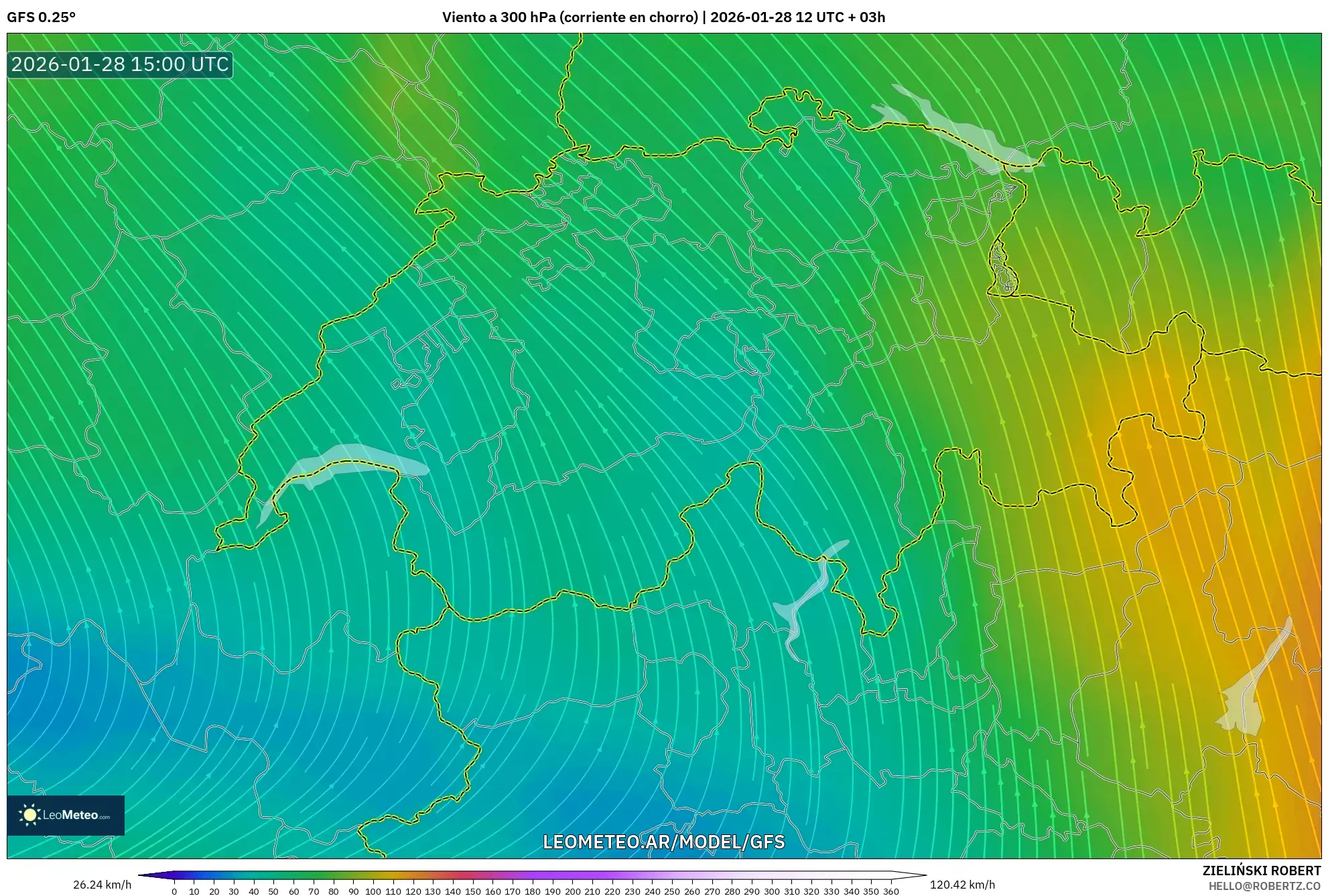 GFS model - Suiza, Viento a 300 hPa (corriente en chorro)