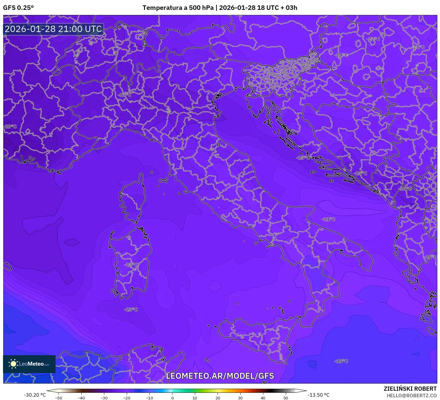 GFS model - Italia, Temperatura a 500 hPa