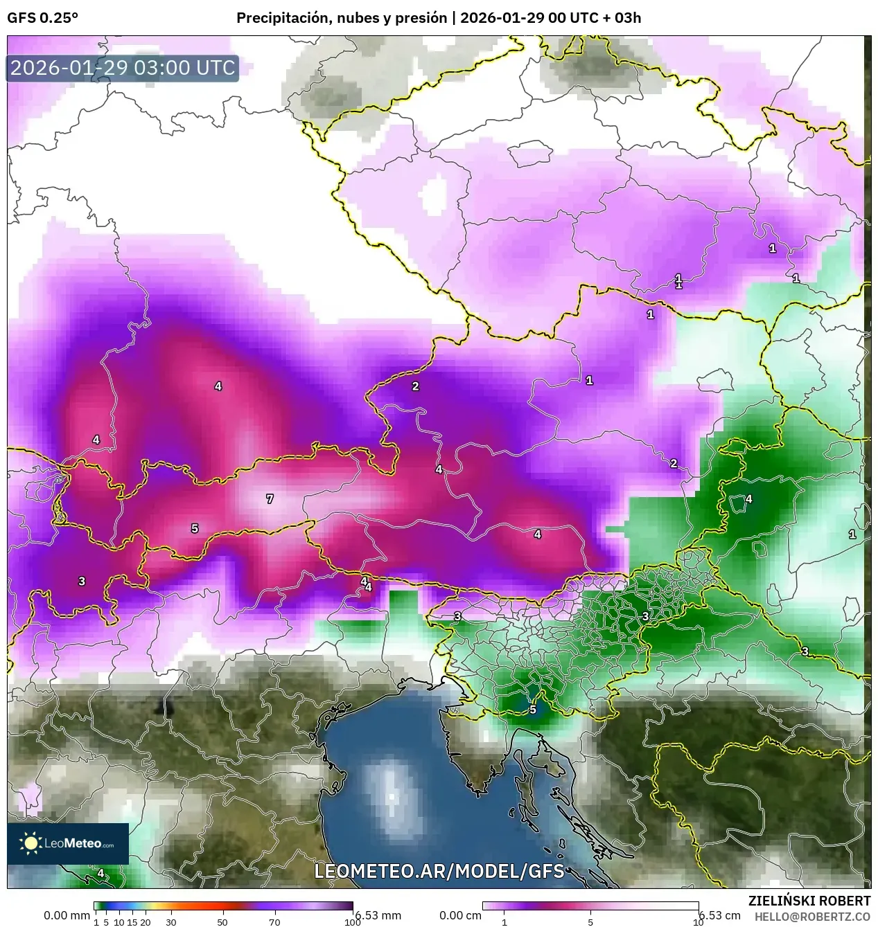 GFS model - Austria, Precipitación, nubes y presión