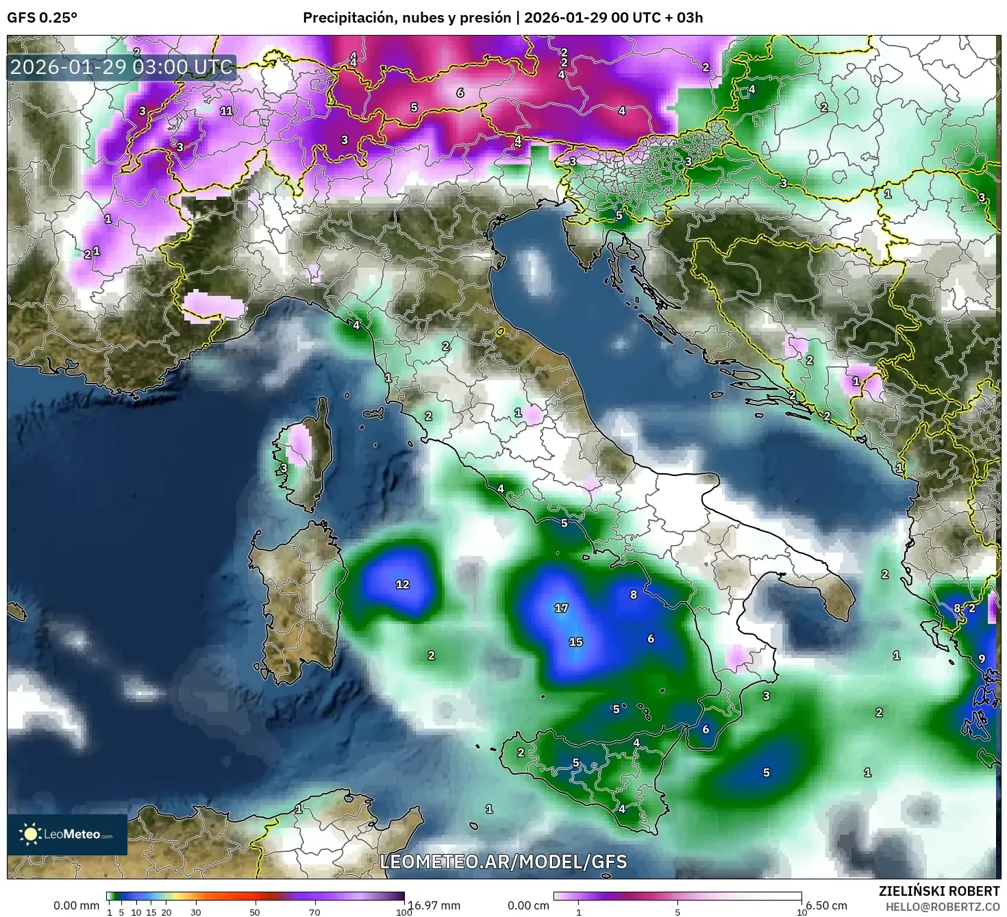 GFS model - Italia, Precipitación, nubes y presión