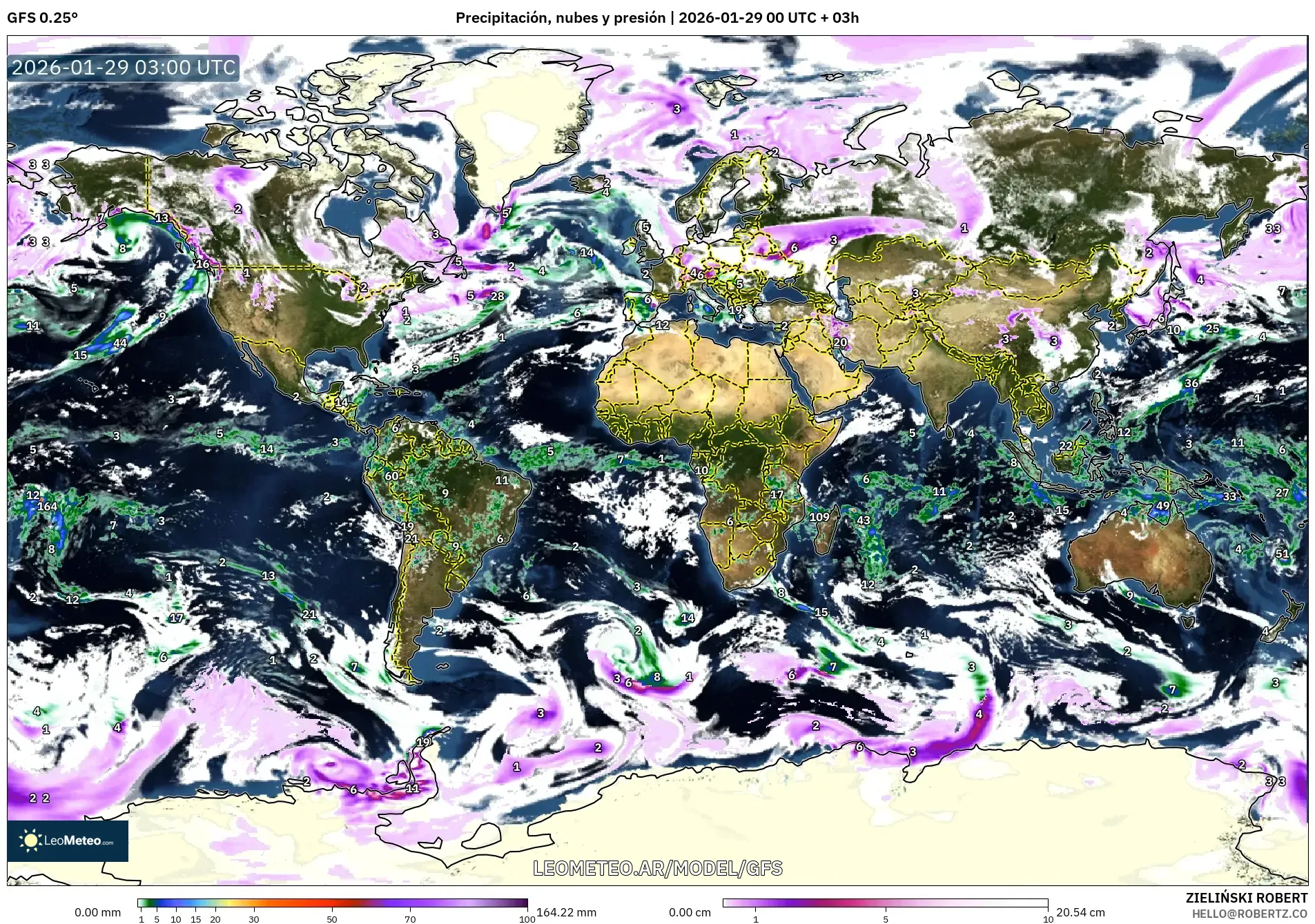 GFS model - Mundo, Precipitación, nubes y presión
