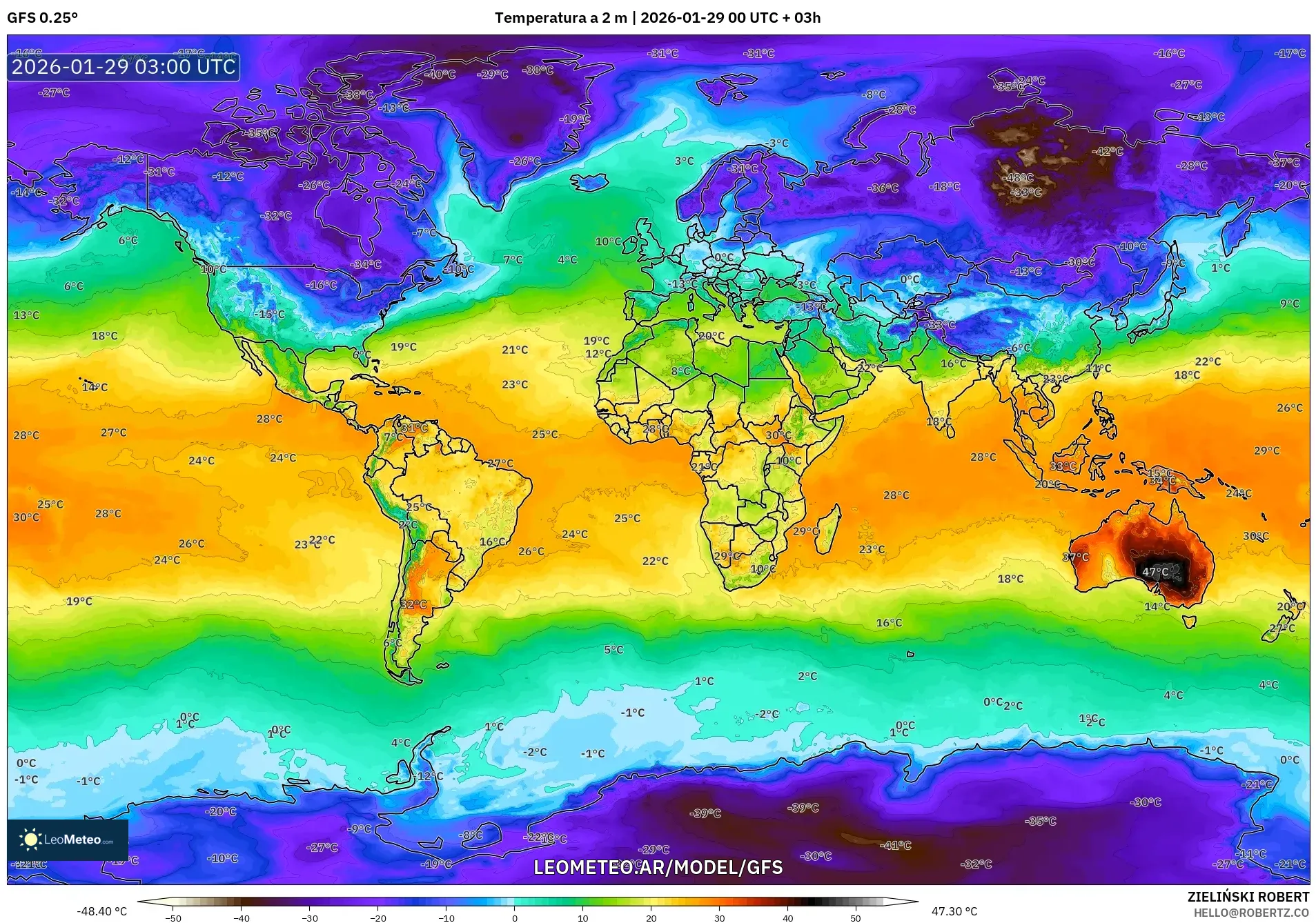 GFS model - Mundo, Temperatura a 2 m