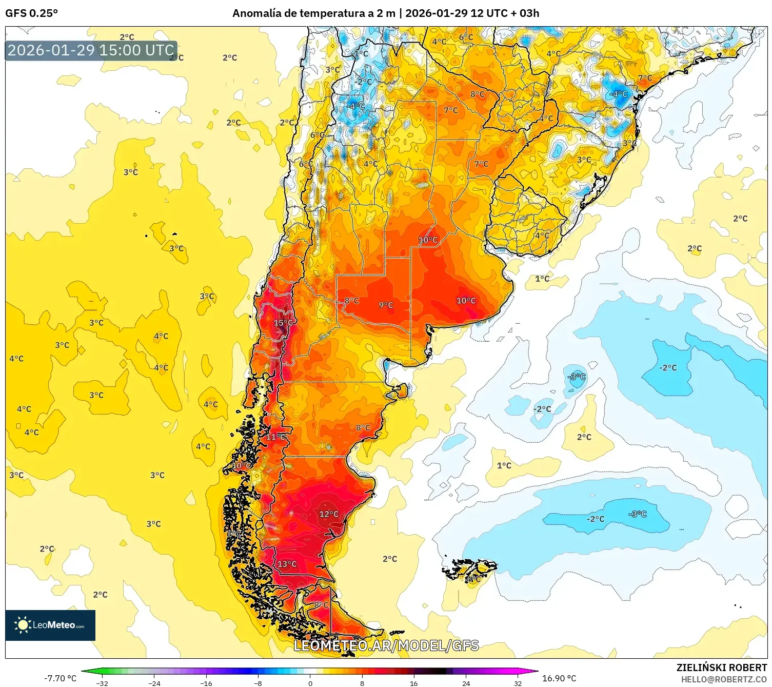 GFS model - Argentina, Anomalía de temperatura a 2 m