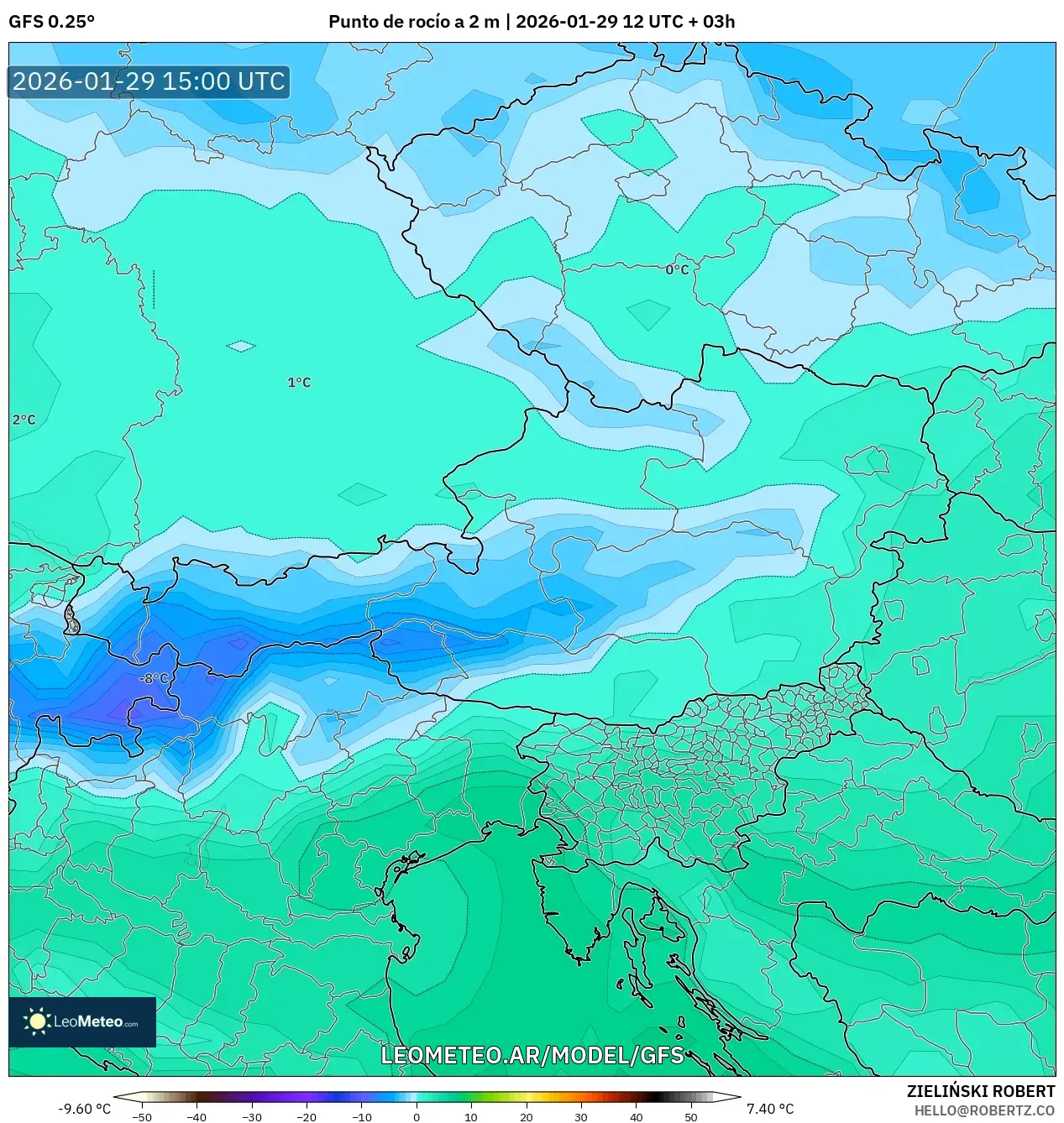 GFS model - Austria, Punto de rocío a 2 m