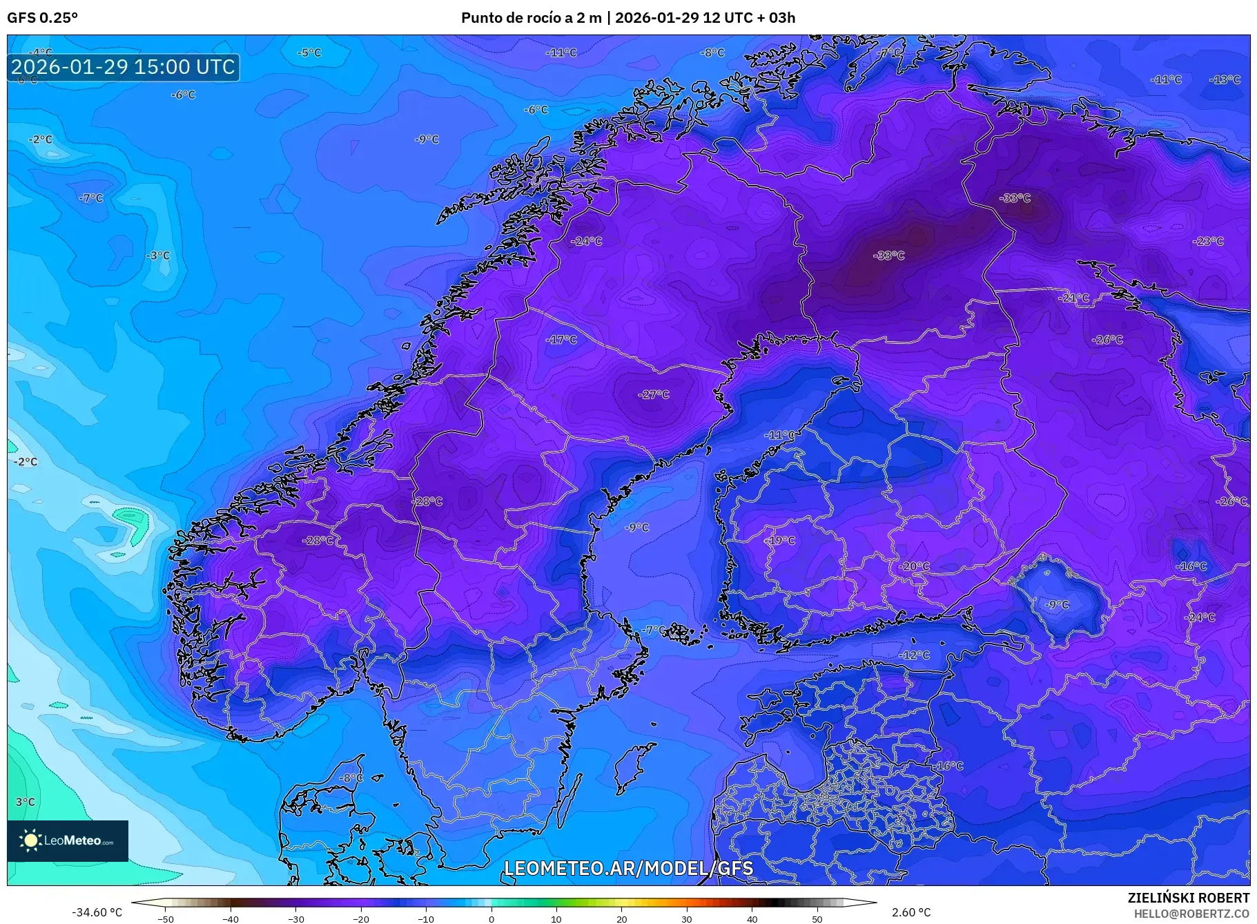 GFS model - Escandinavia, Punto de rocío a 2 m