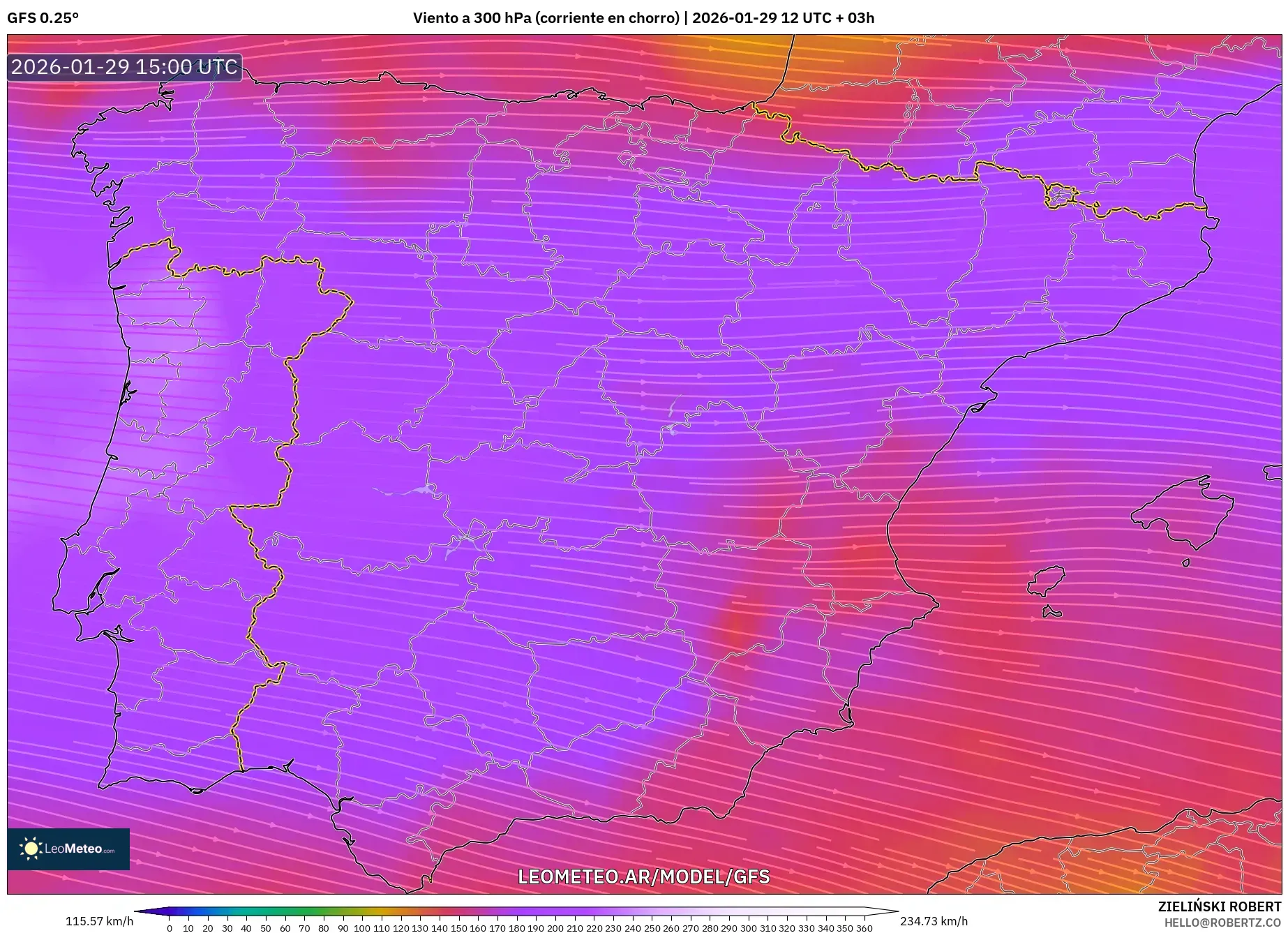 GFS model - España, Viento a 300 hPa (corriente en chorro)