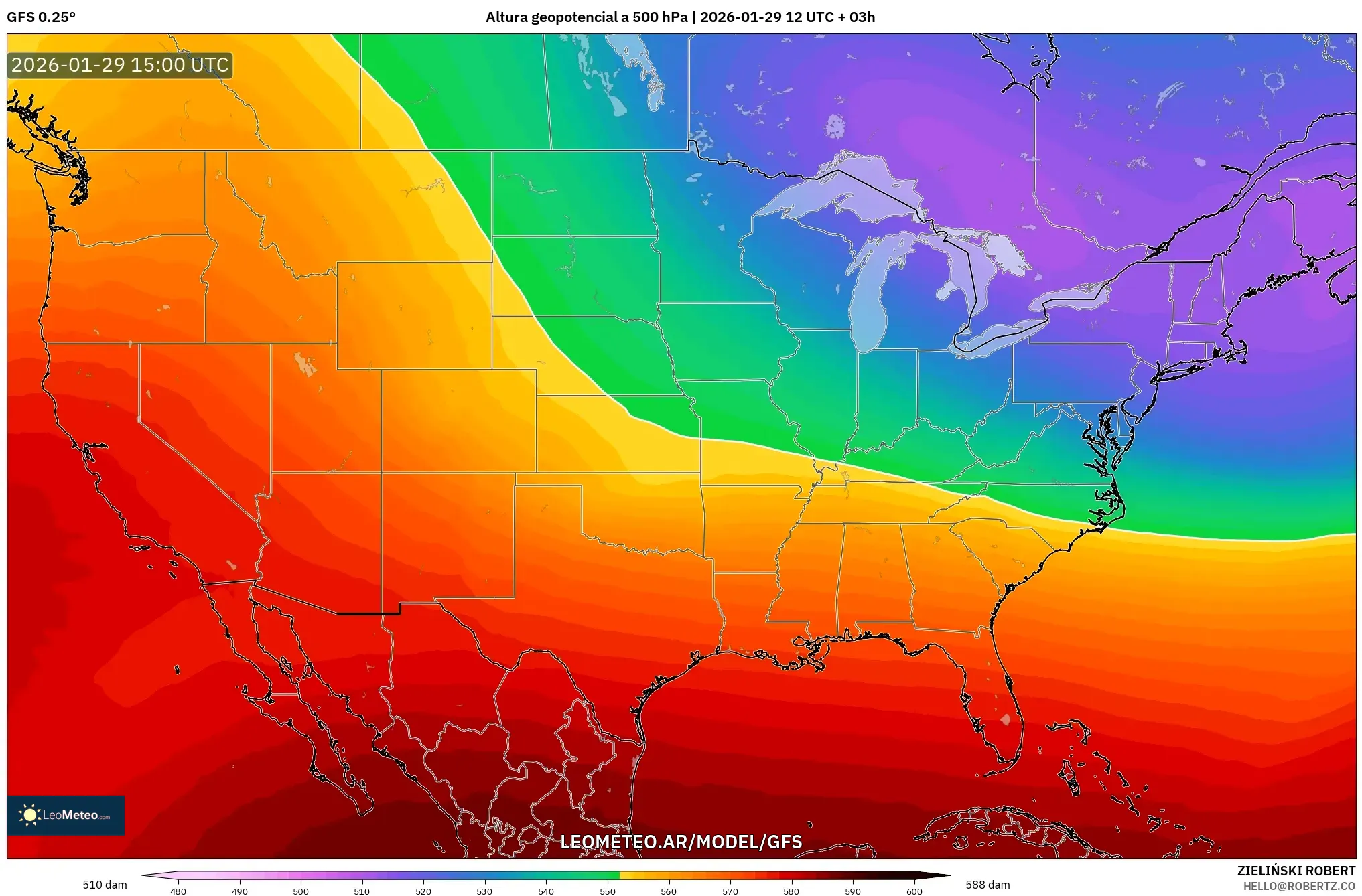 GFS model - Estados Unidos, Altura geopotencial a 500 hPa