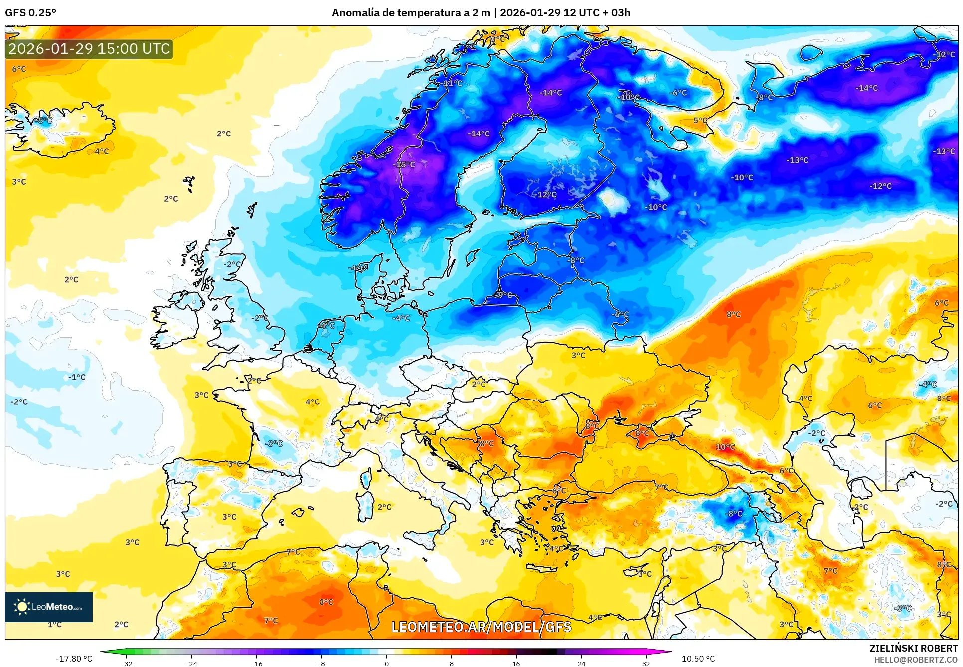 GFS model - Europa, Anomalía de temperatura a 2 m