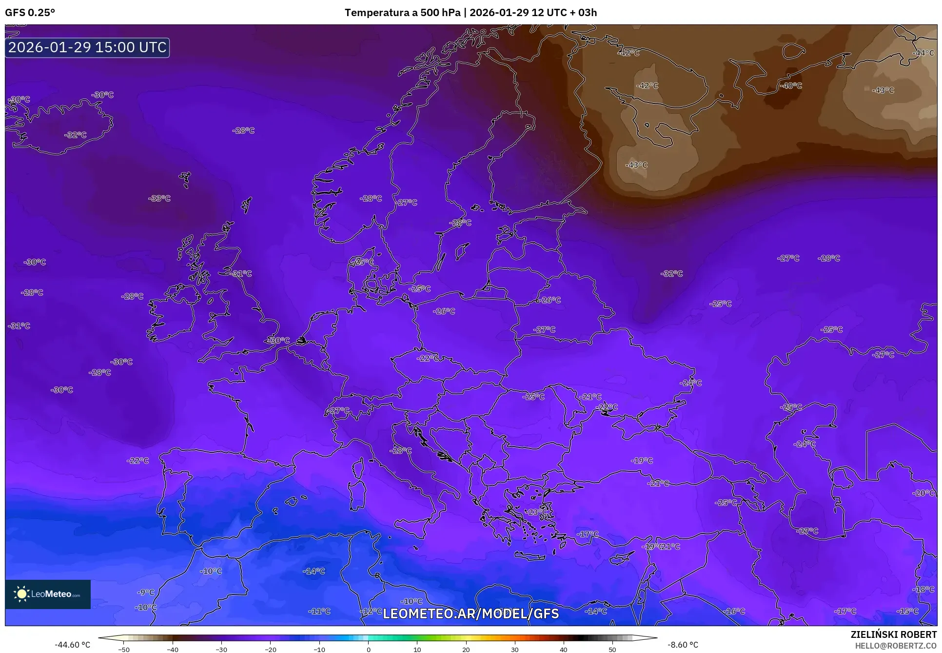 GFS model - Europa, Temperatura a 500 hPa
