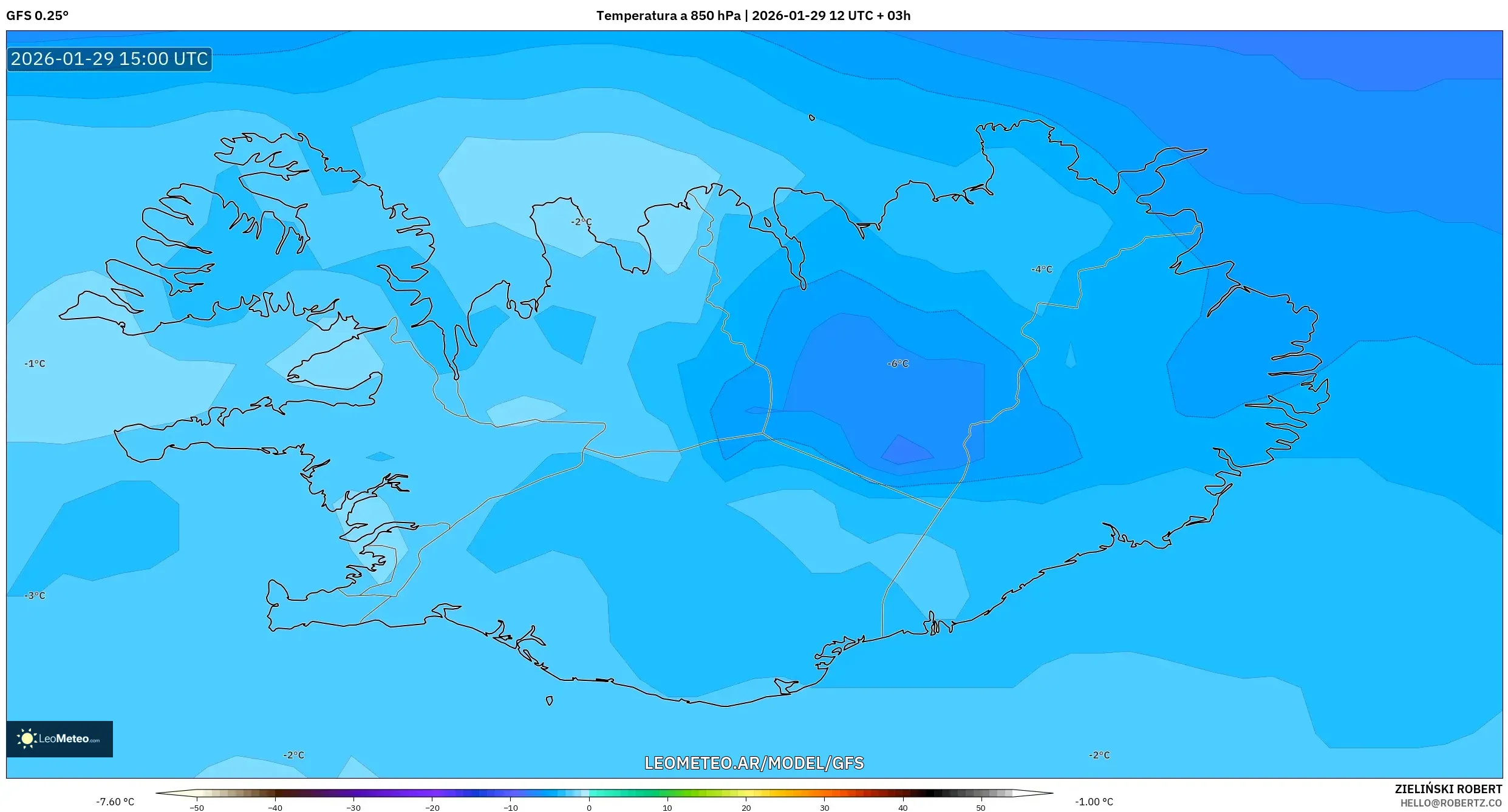 GFS model - Islandia, Temperatura a 850 hPa
