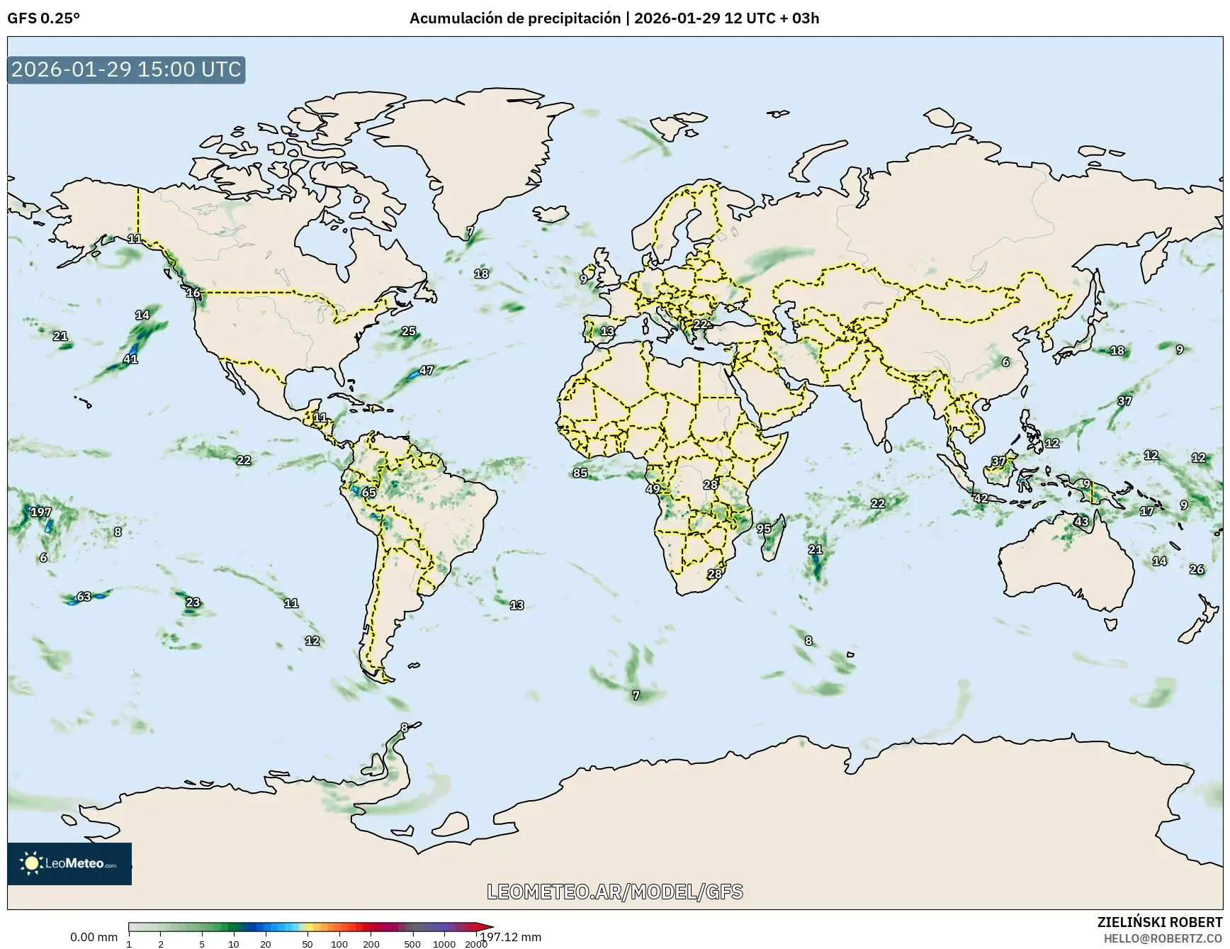 GFS model - Mundo, Acumulación de precipitación
