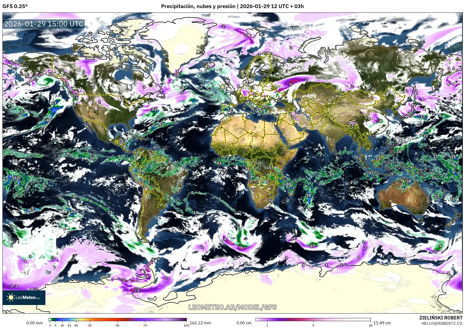GFS model - Mundo, Precipitación, nubes y presión