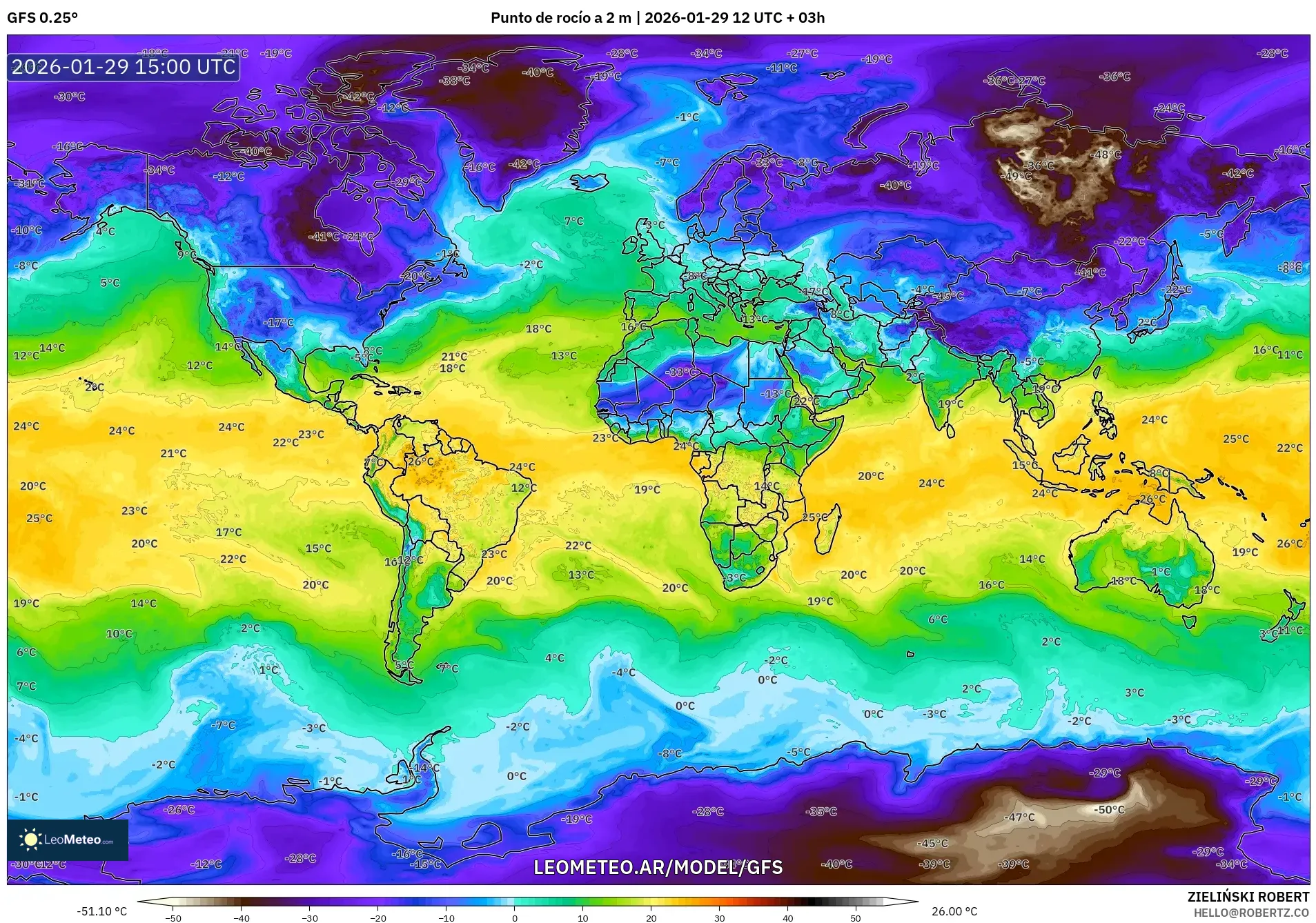 GFS model - Mundo, Punto de rocío a 2 m
