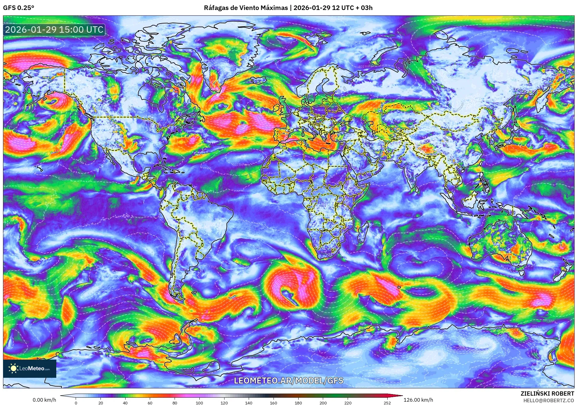 GFS model - Mundo, Ráfagas de Viento Máximas