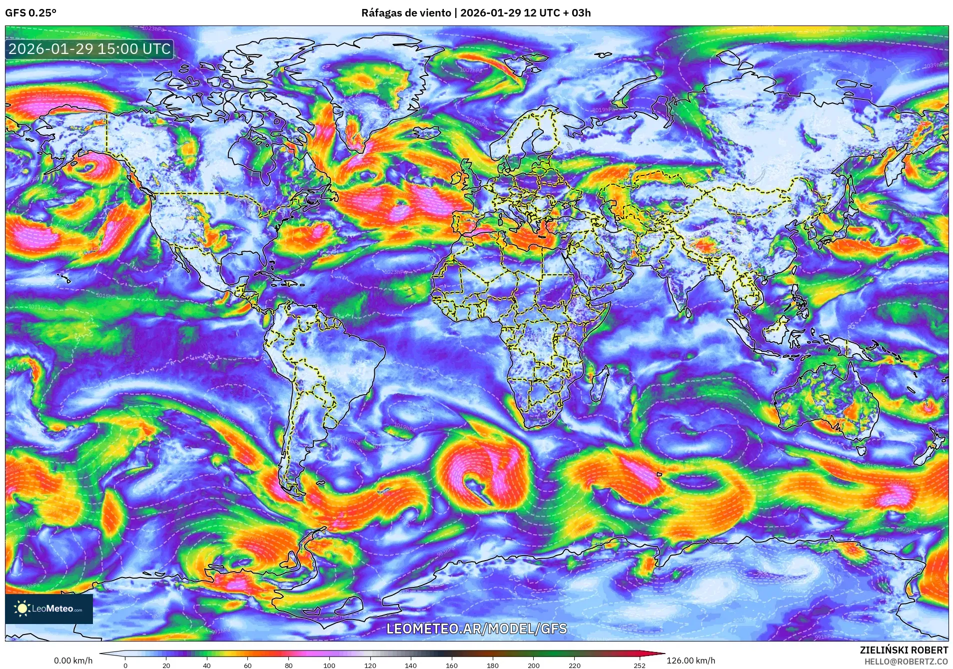 GFS model - Mundo, Ráfagas de viento