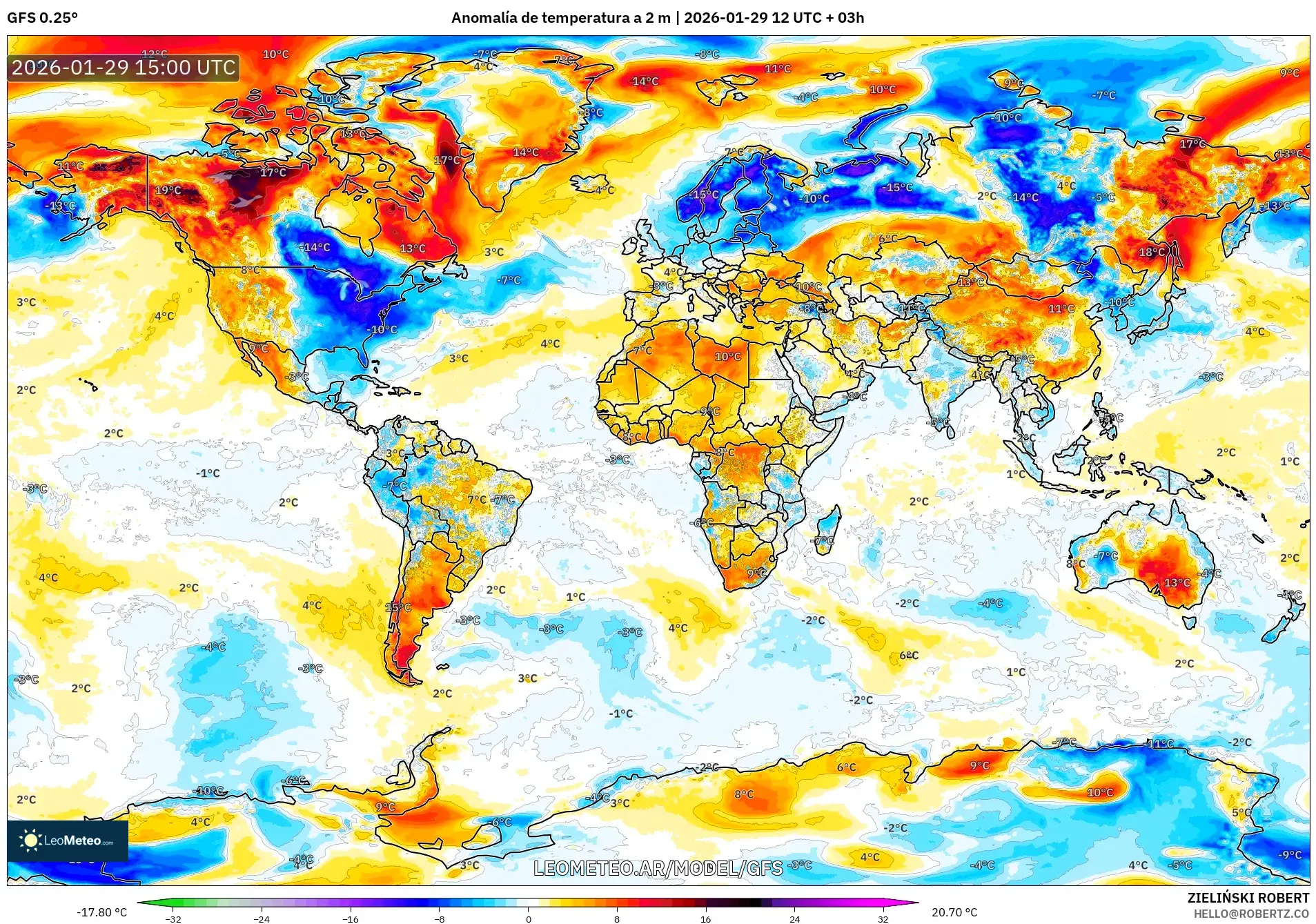 GFS model - Mundo, Anomalía de temperatura a 2 m