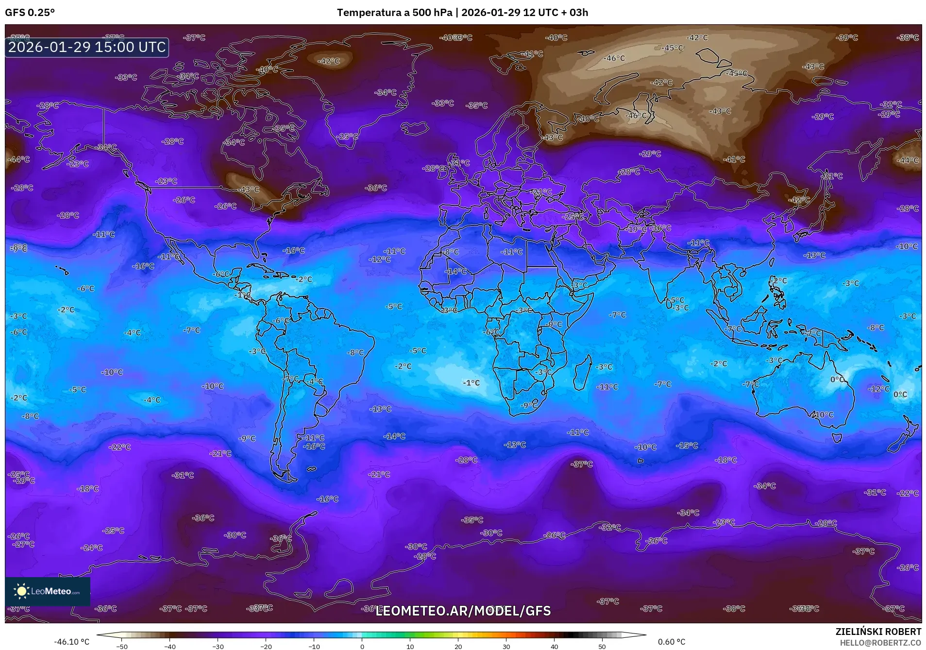 GFS model - Mundo, Temperatura a 500 hPa