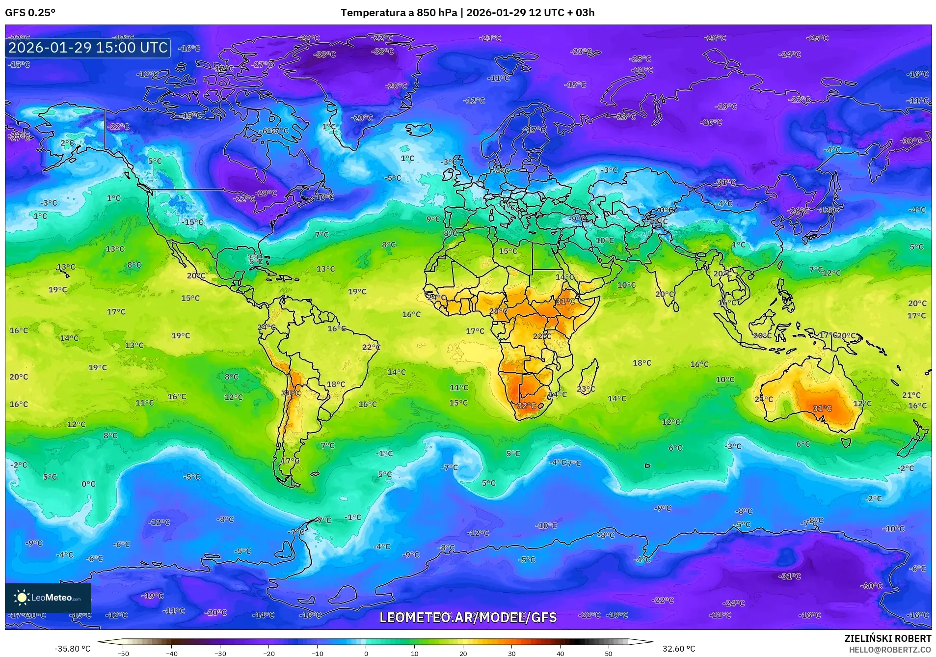 GFS model - Mundo, Temperatura a 850 hPa