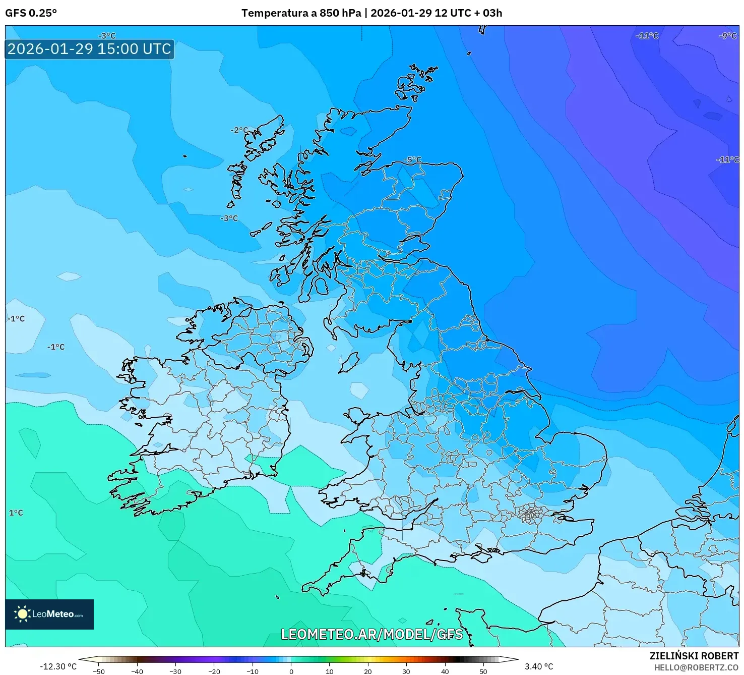 GFS model - Reino Unido, Temperatura a 850 hPa