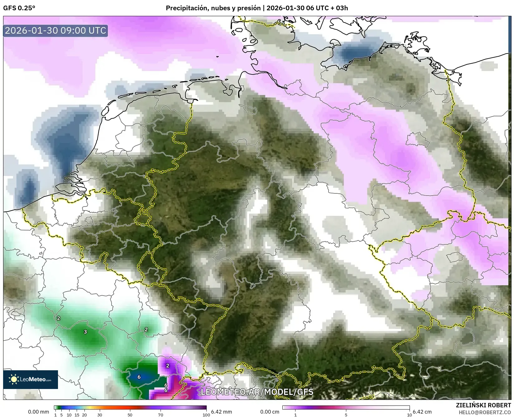 GFS model - Alemania, Precipitación, nubes y presión