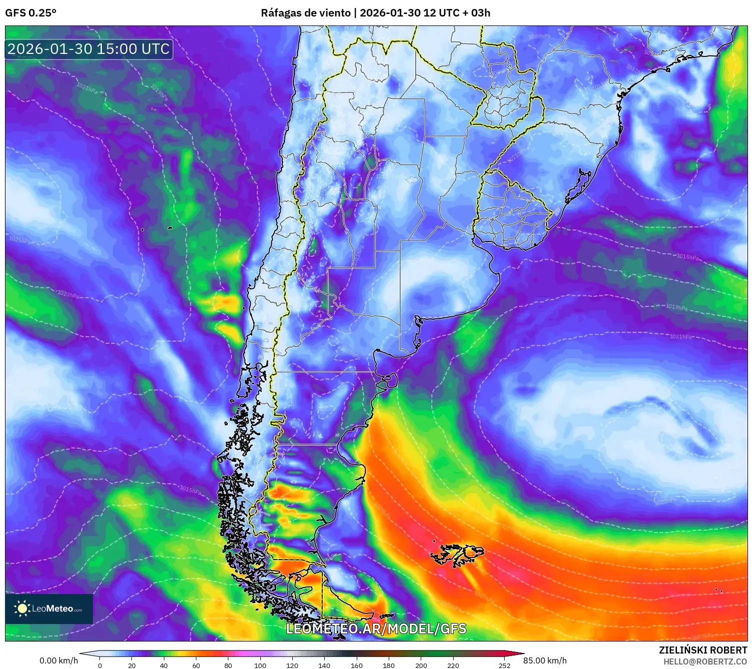 GFS model - Argentina, Ráfagas de viento