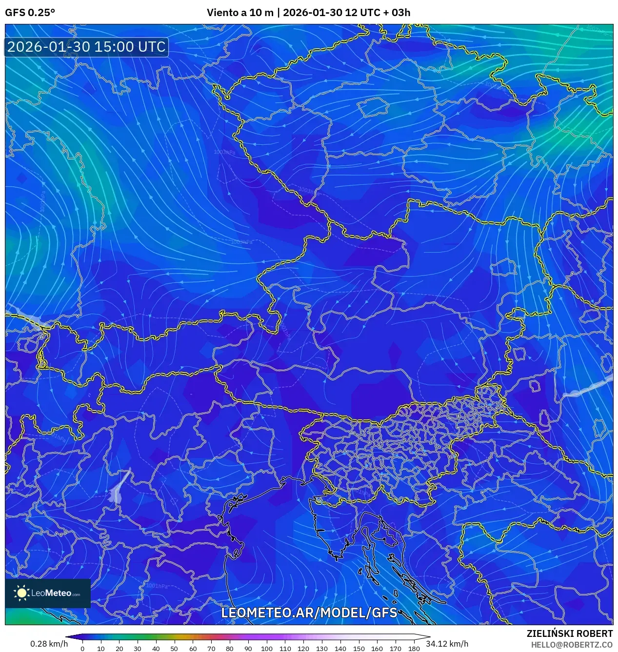 GFS model - Austria, Viento a 10 m