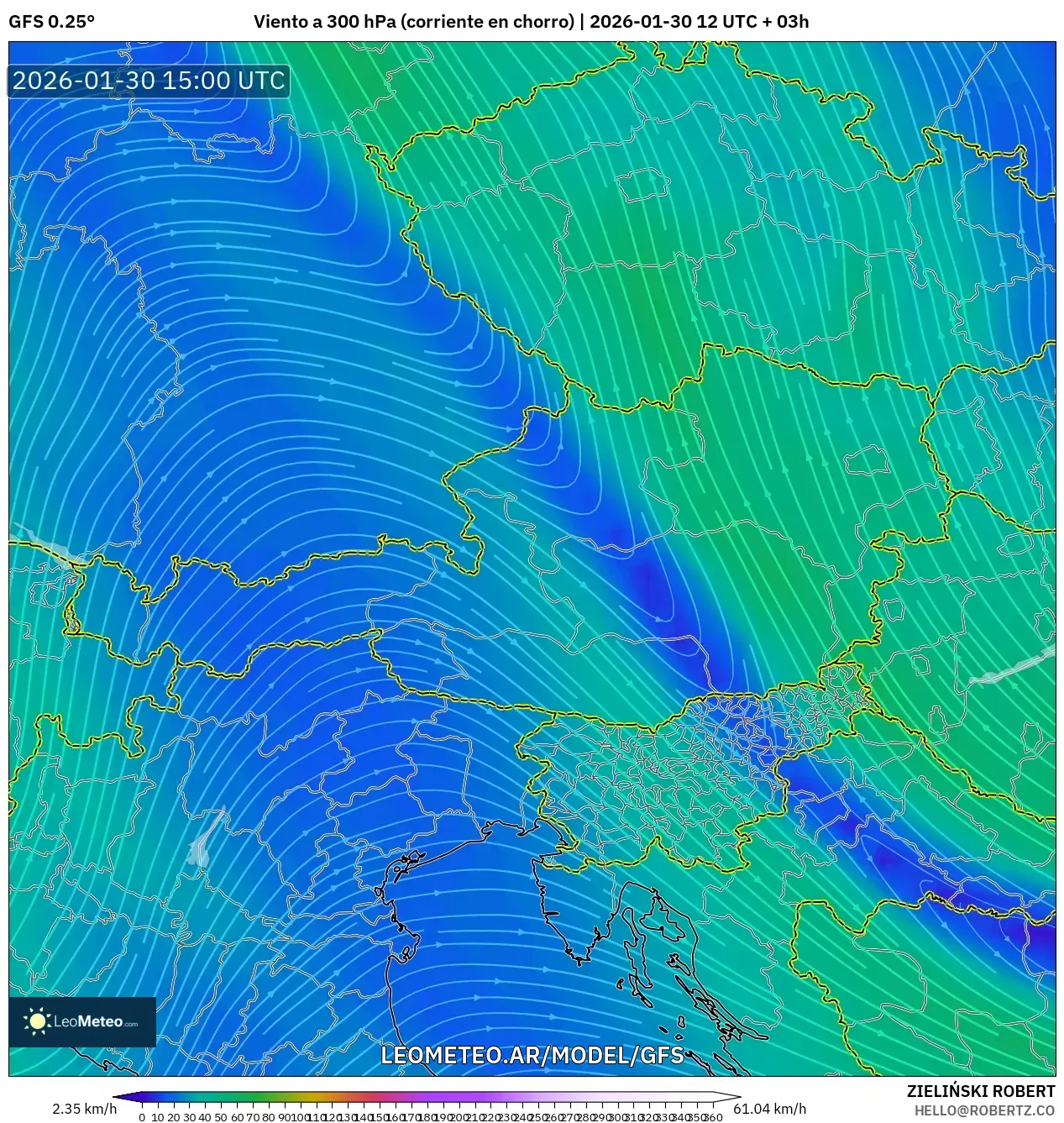 GFS model - Austria, Viento a 300 hPa (corriente en chorro)