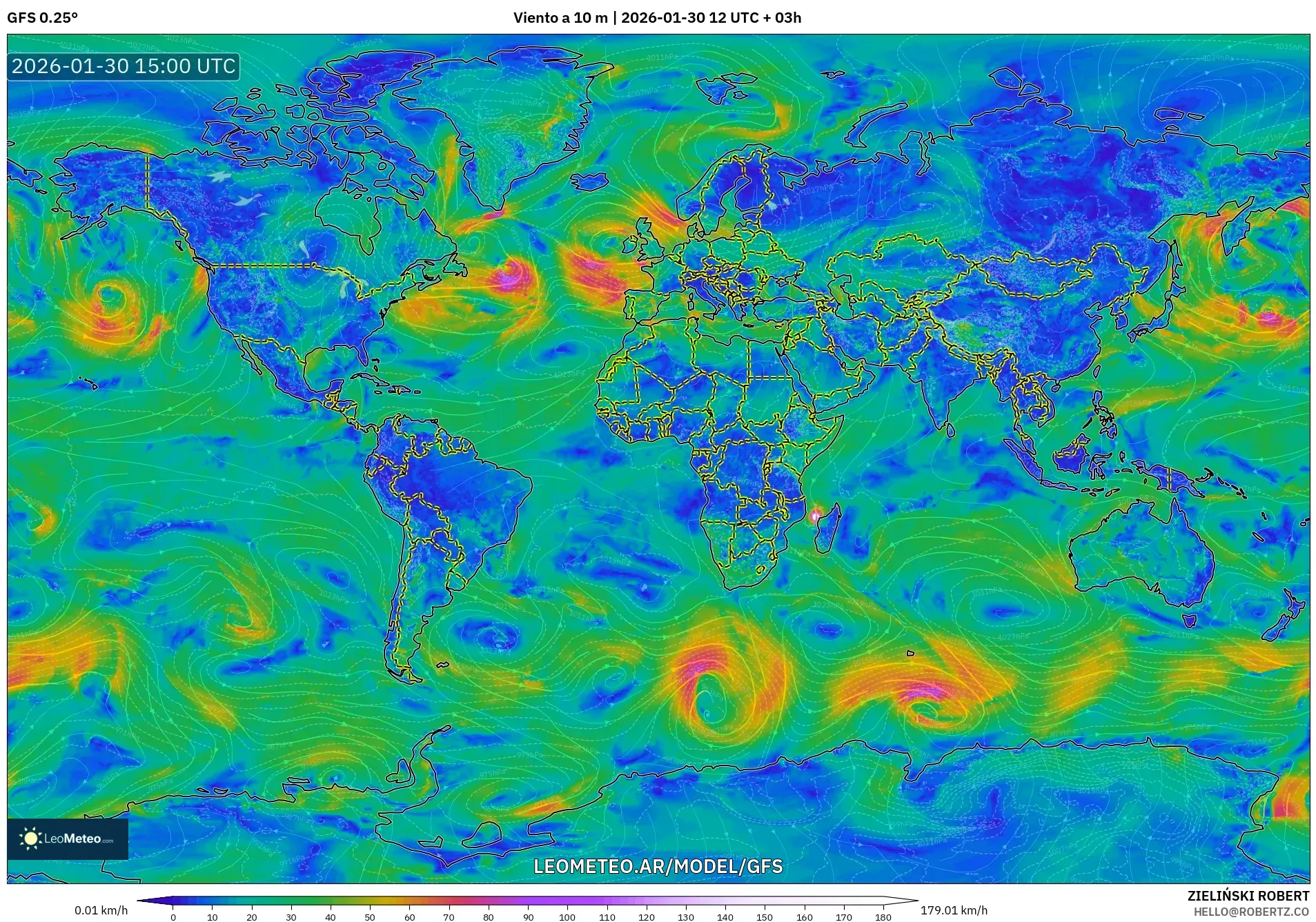 GFS model - Mundo, Viento a 10 m