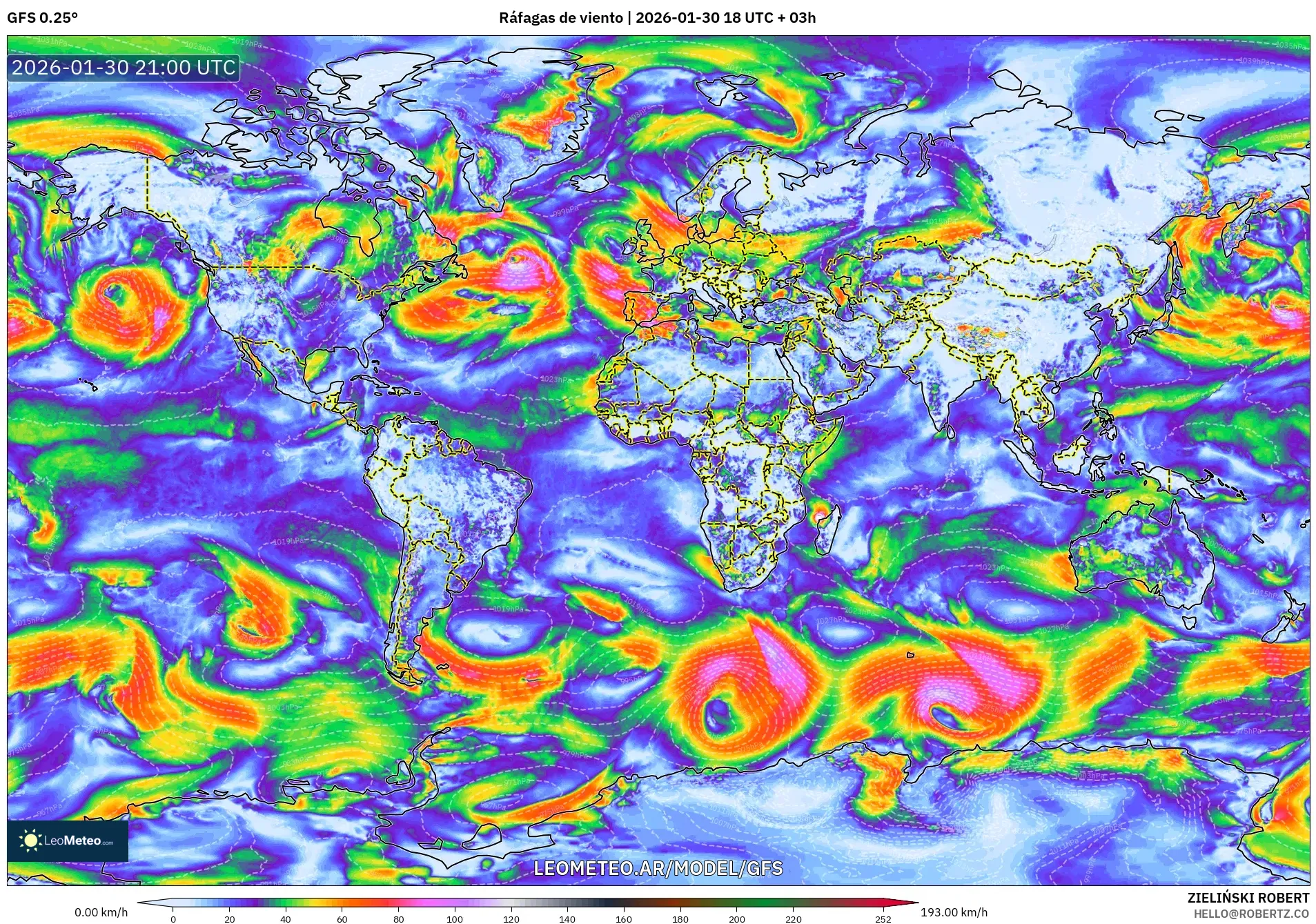 GFS model - Mundo, Ráfagas de viento