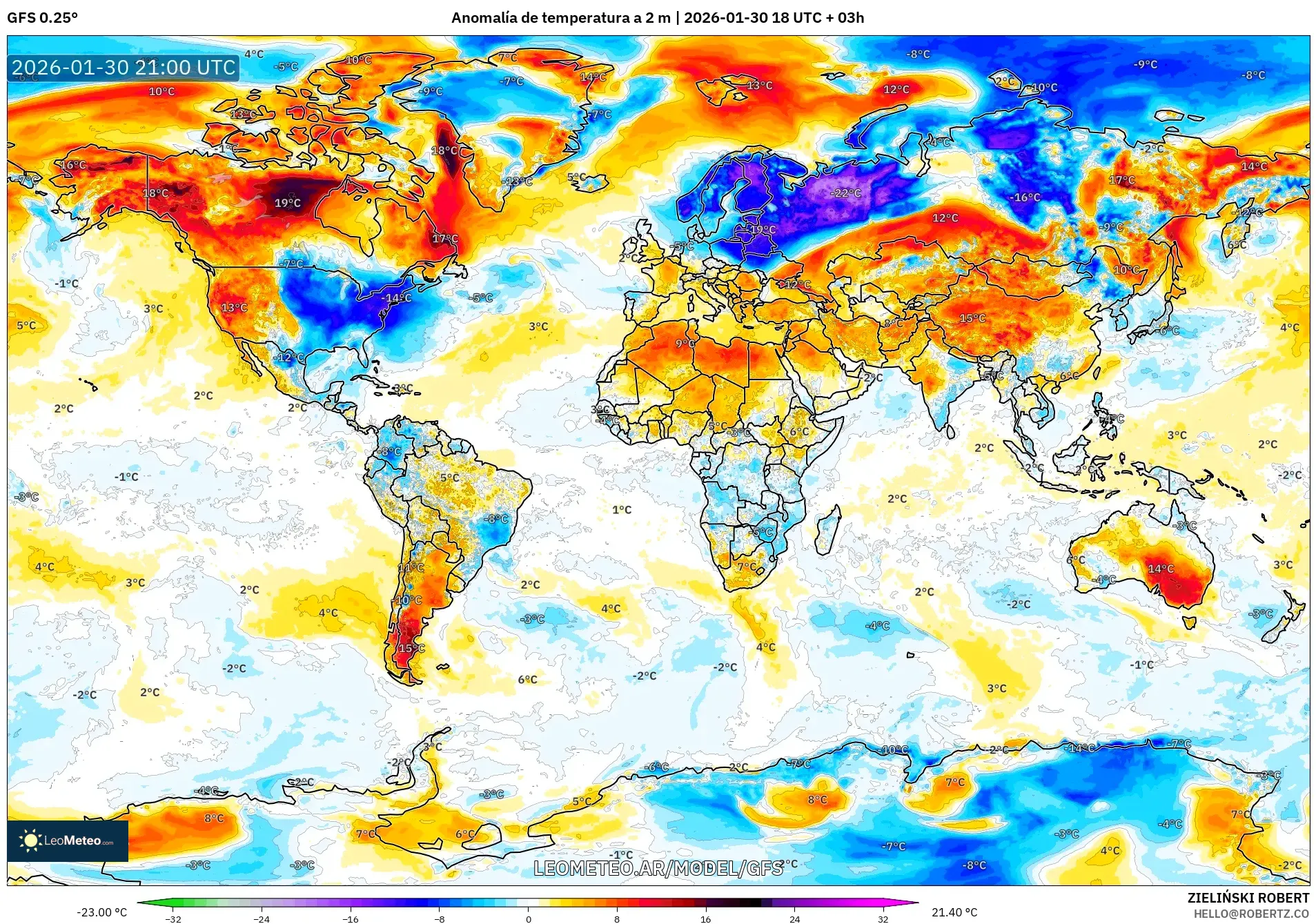 GFS model - Mundo, Anomalía de temperatura a 2 m