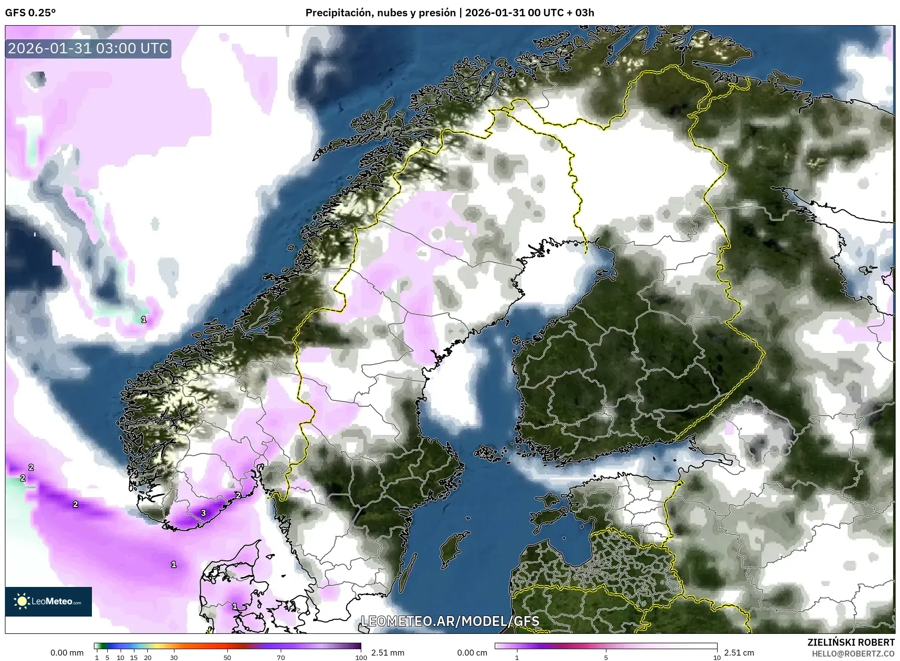 GFS model - Escandinavia, Precipitación, nubes y presión