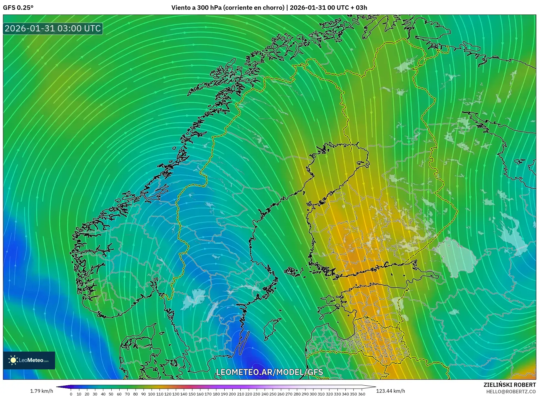 GFS model - Escandinavia, Viento a 300 hPa (corriente en chorro)