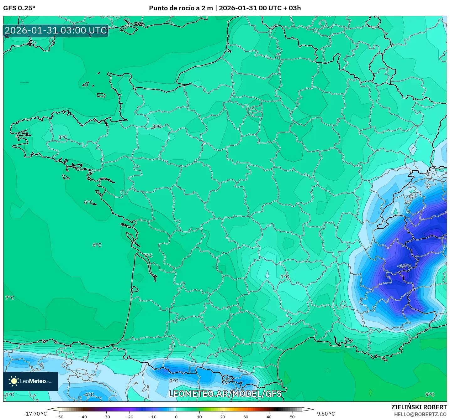 GFS model - Francia, Punto de rocío a 2 m