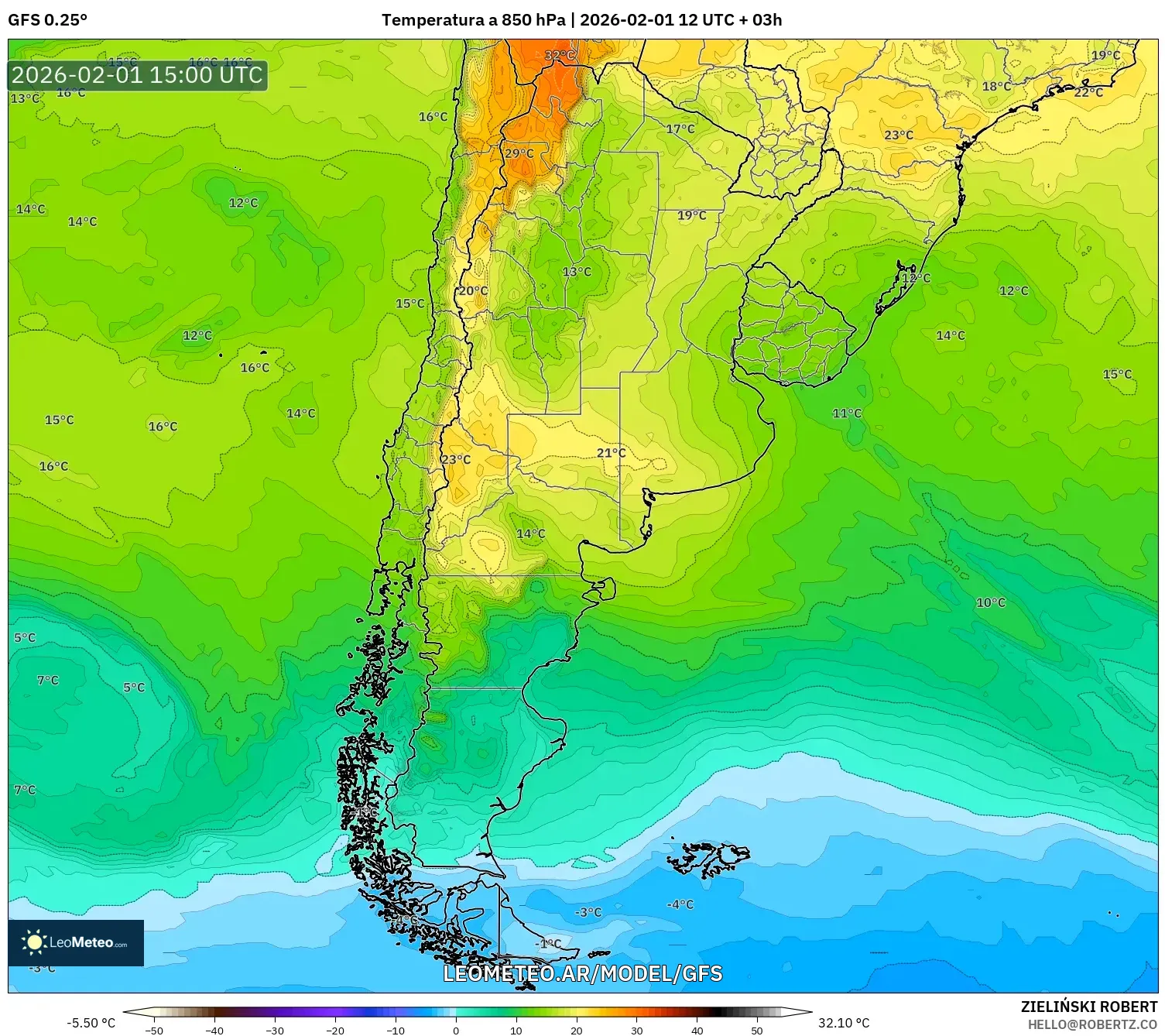 GFS model - Argentina, Temperatura a 850 hPa