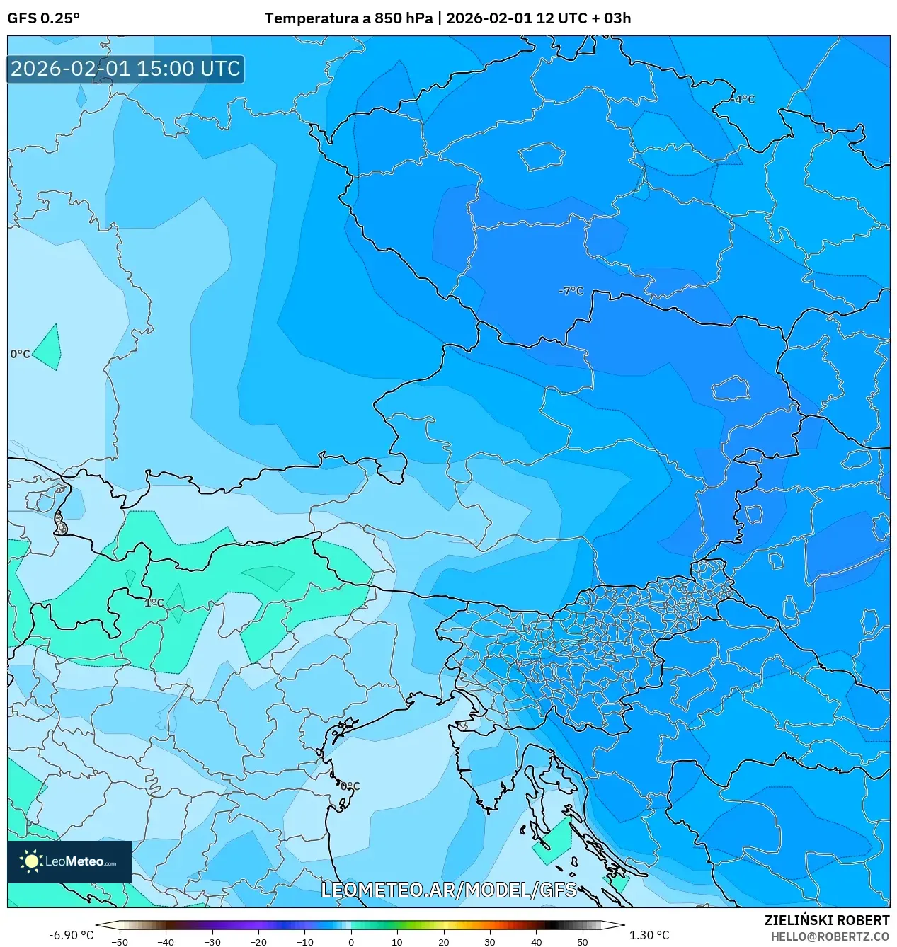 GFS model - Austria, Temperatura a 850 hPa