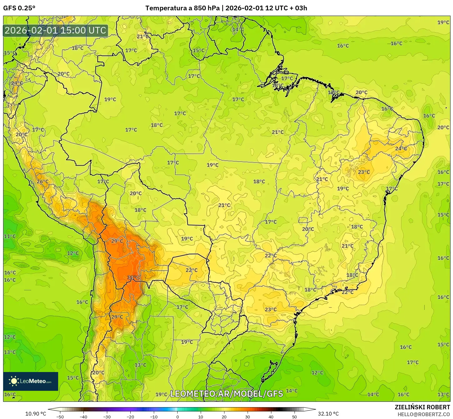 GFS model - Brasil, Temperatura a 850 hPa