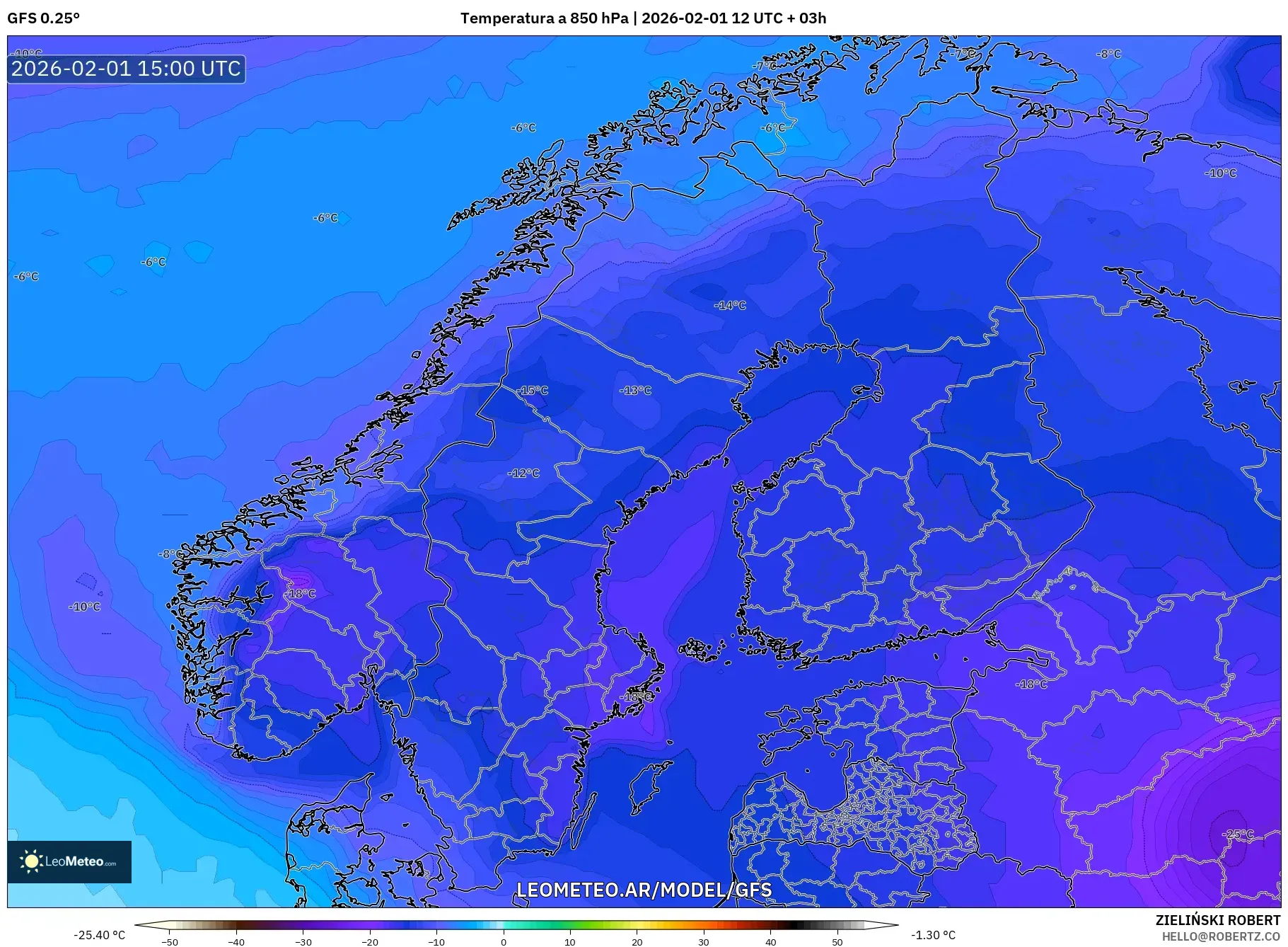 GFS model - Escandinavia, Temperatura a 850 hPa