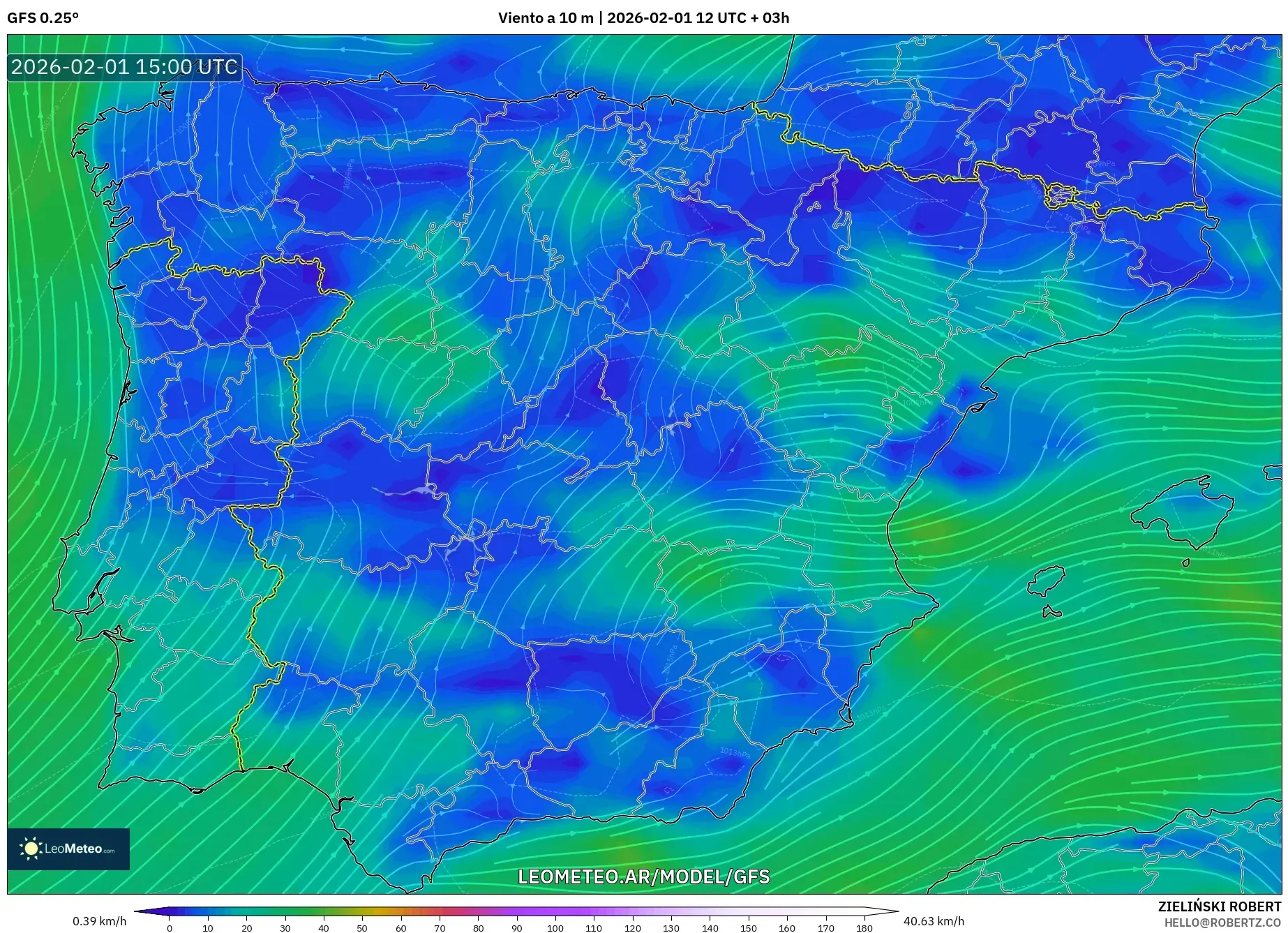 GFS model - España, Viento a 10 m
