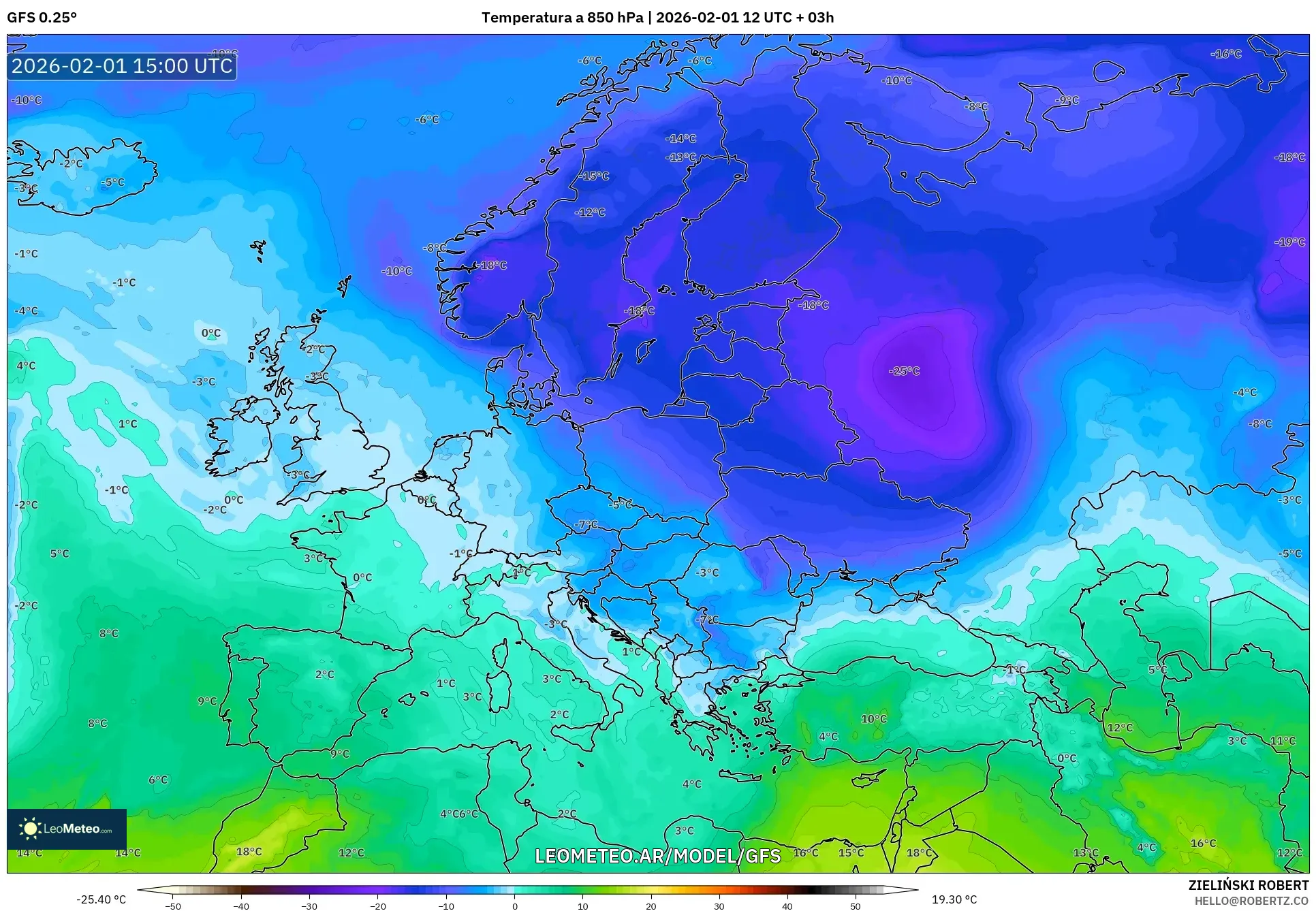 GFS model - Europa, Temperatura a 850 hPa