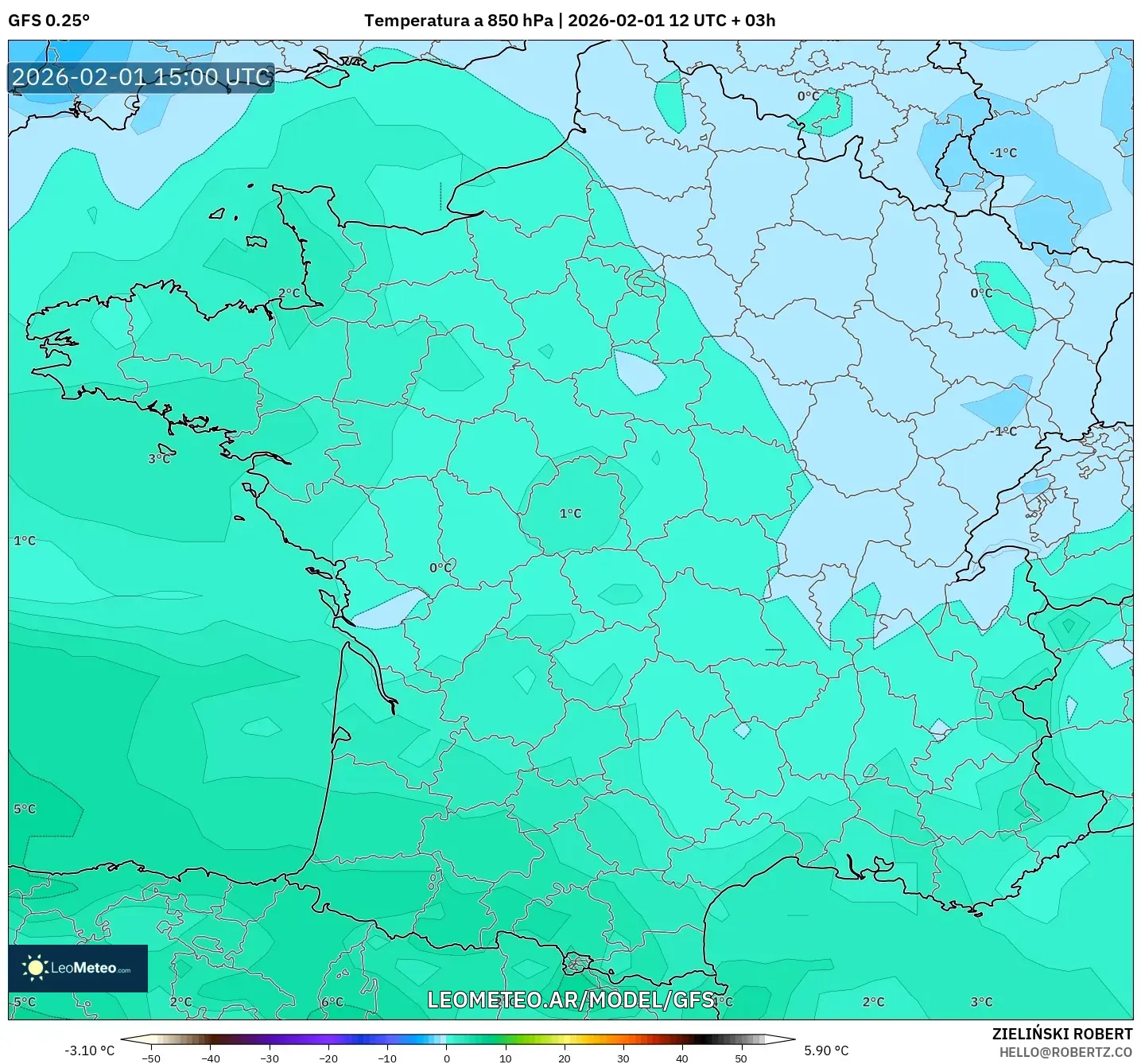 GFS model - Francia, Temperatura a 850 hPa