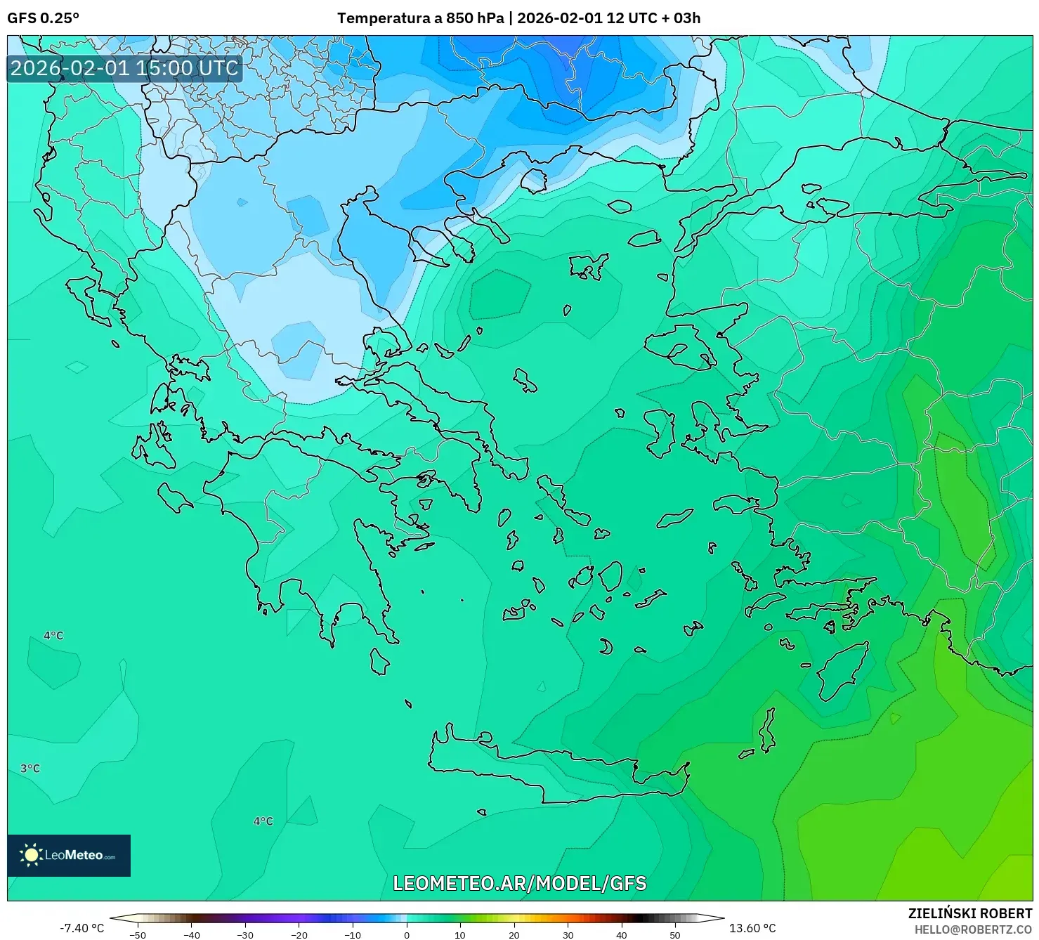 GFS model - Grecia, Temperatura a 850 hPa