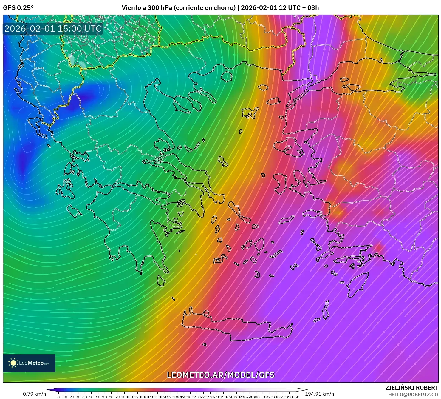 GFS model - Grecia, Viento a 300 hPa (corriente en chorro)