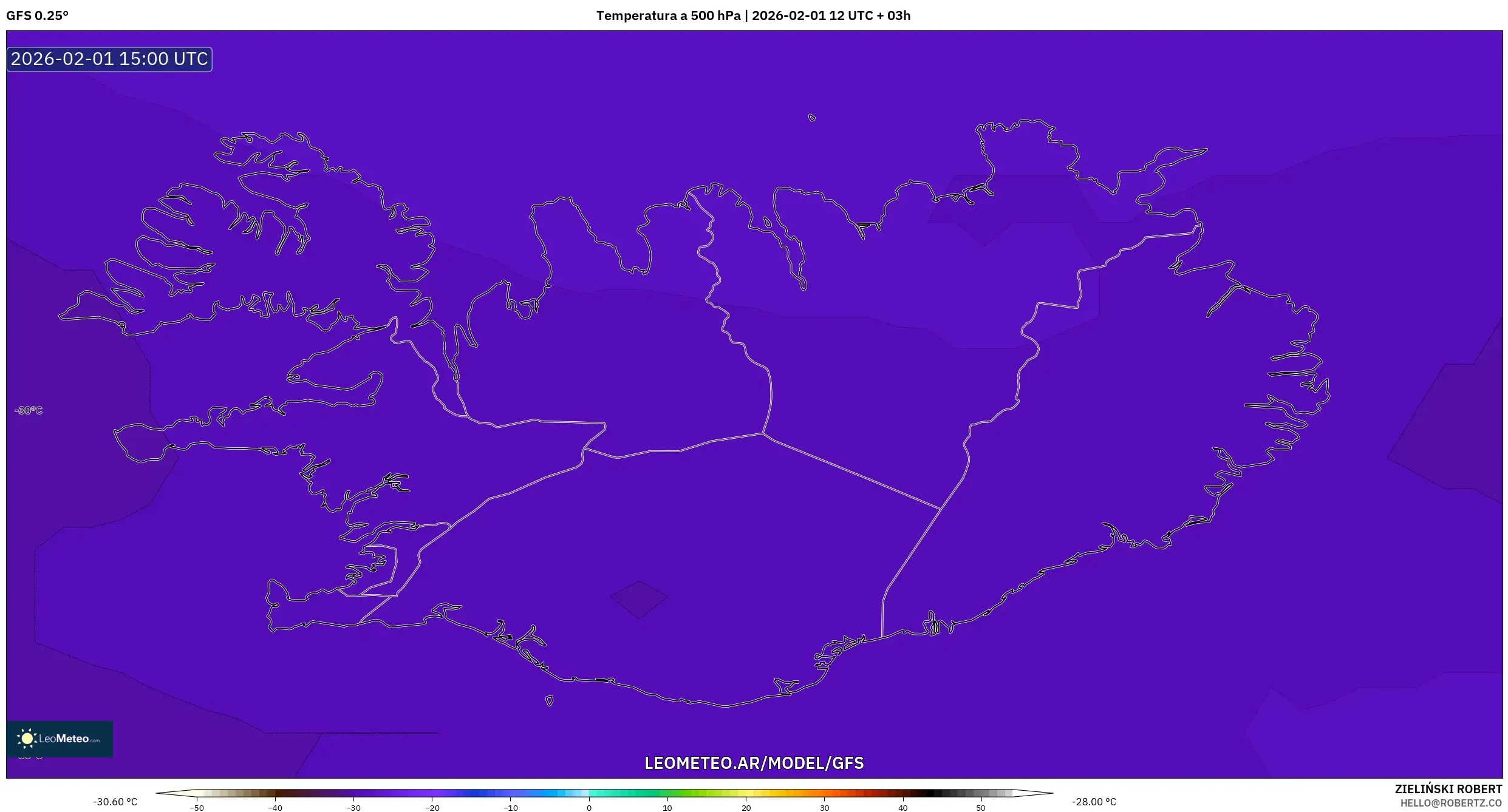 GFS model - Islandia, Temperatura a 500 hPa