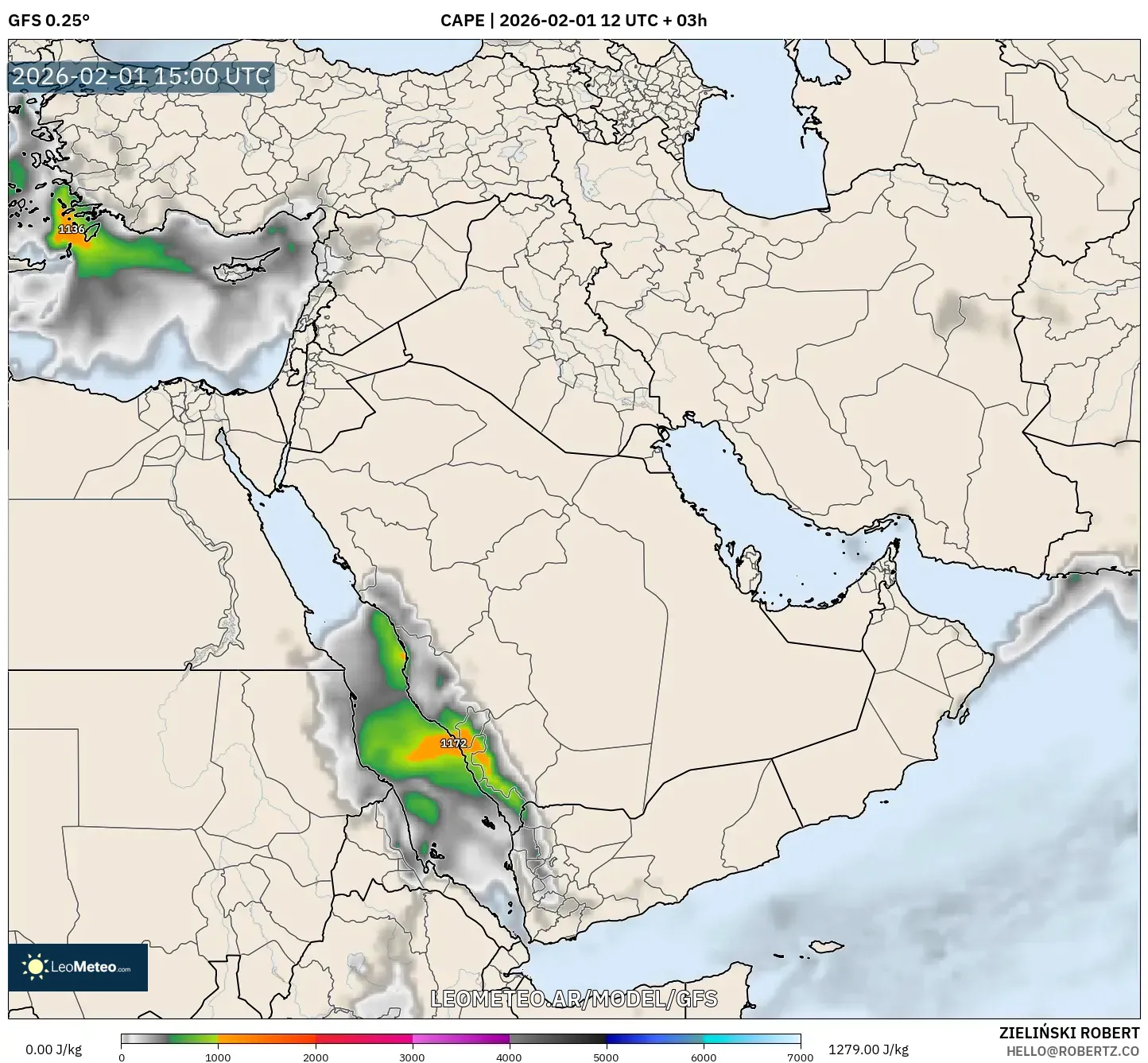 GFS model - Oriente Medio, CAPE
