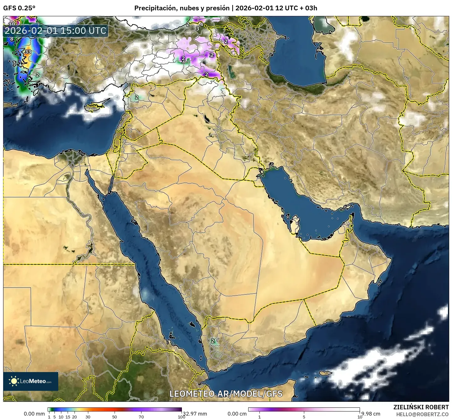 GFS model - Oriente Medio, Precipitación, nubes y presión